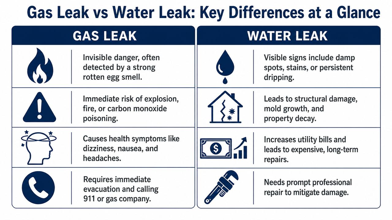 A comparison chart outlining the key differences between gas leaks and water leaks for homeowner safety awareness.