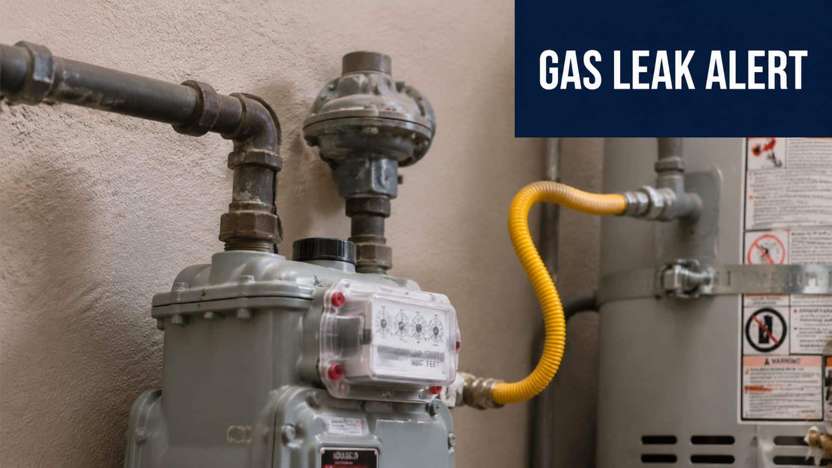 A close-up view of a residential gas meter and piping system with a gas leak alert sign.