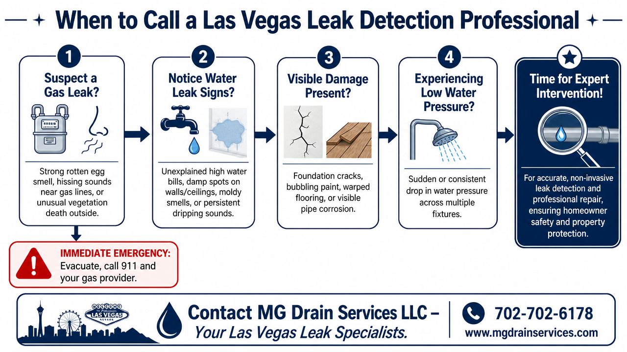 An infographic detailing signs of gas and water leaks that require professional help in Las Vegas homes.