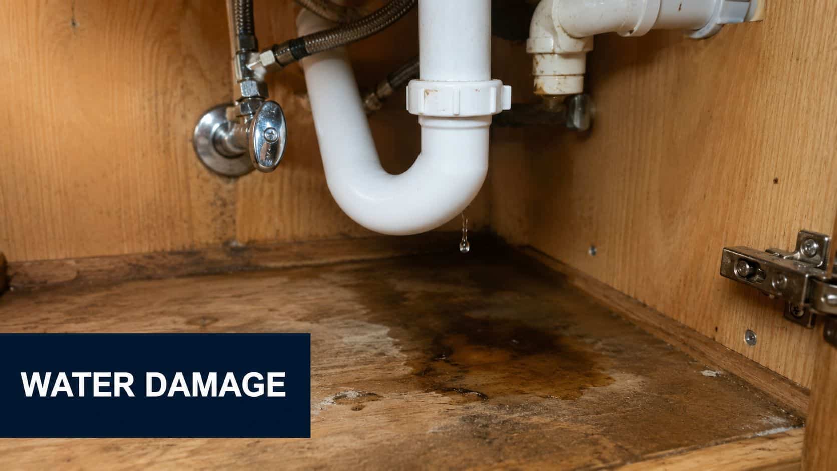 A leaking white P-trap pipe underneath a kitchen sink showing significant water damage on the cabinet base.