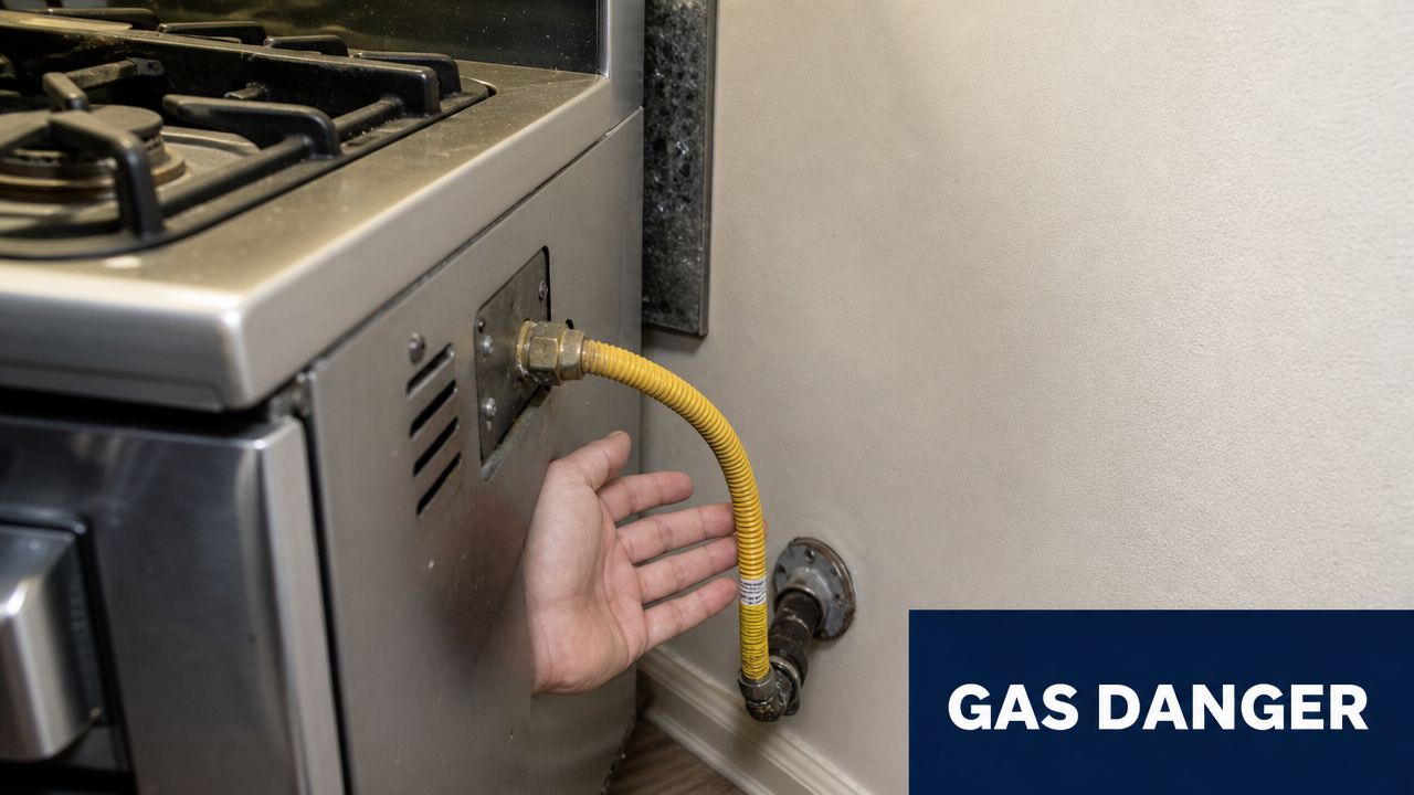 A close-up view of a hand reaching behind a gas stove to inspect the yellow flexible gas line.