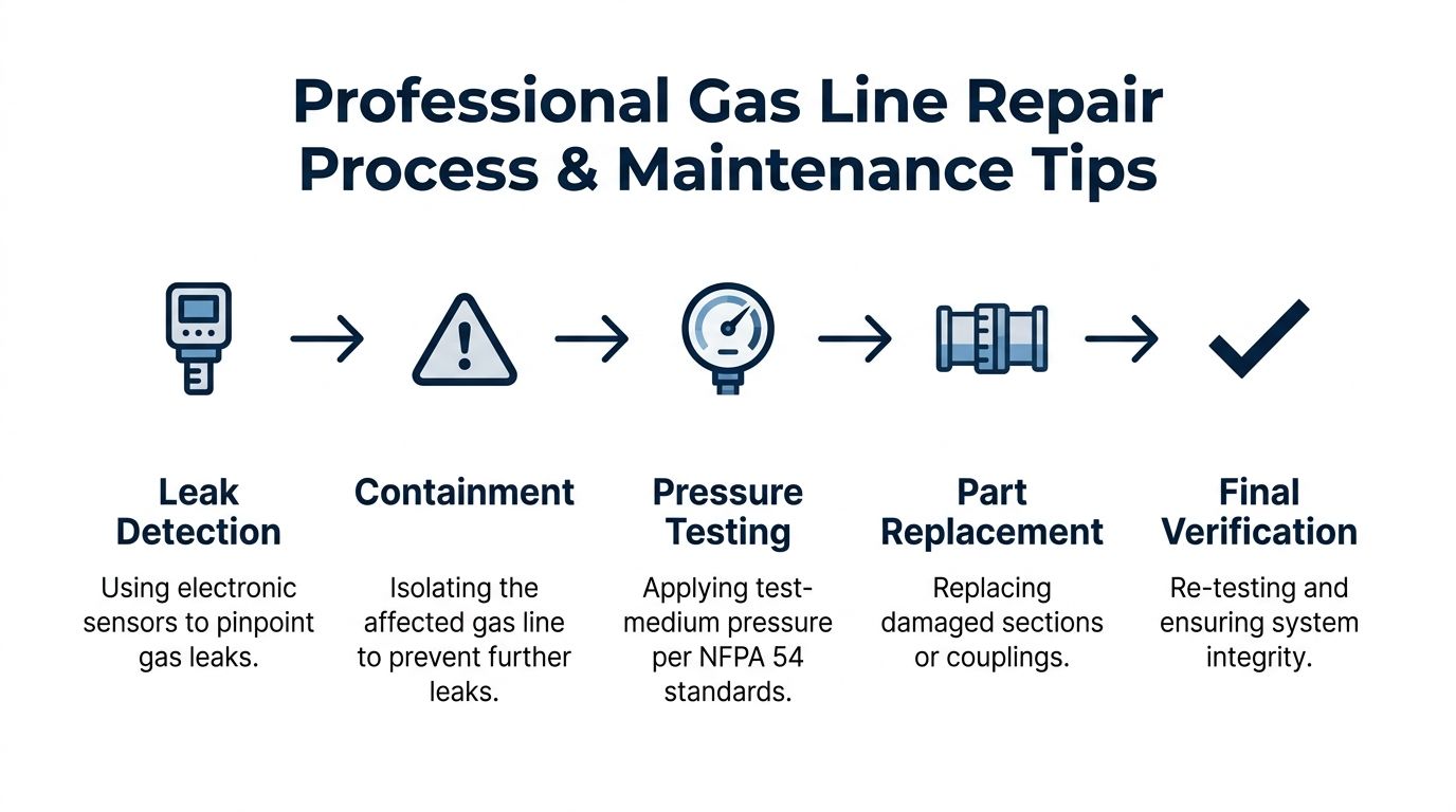 A professional infographic outlining the five key steps involved in a safe gas line repair process.