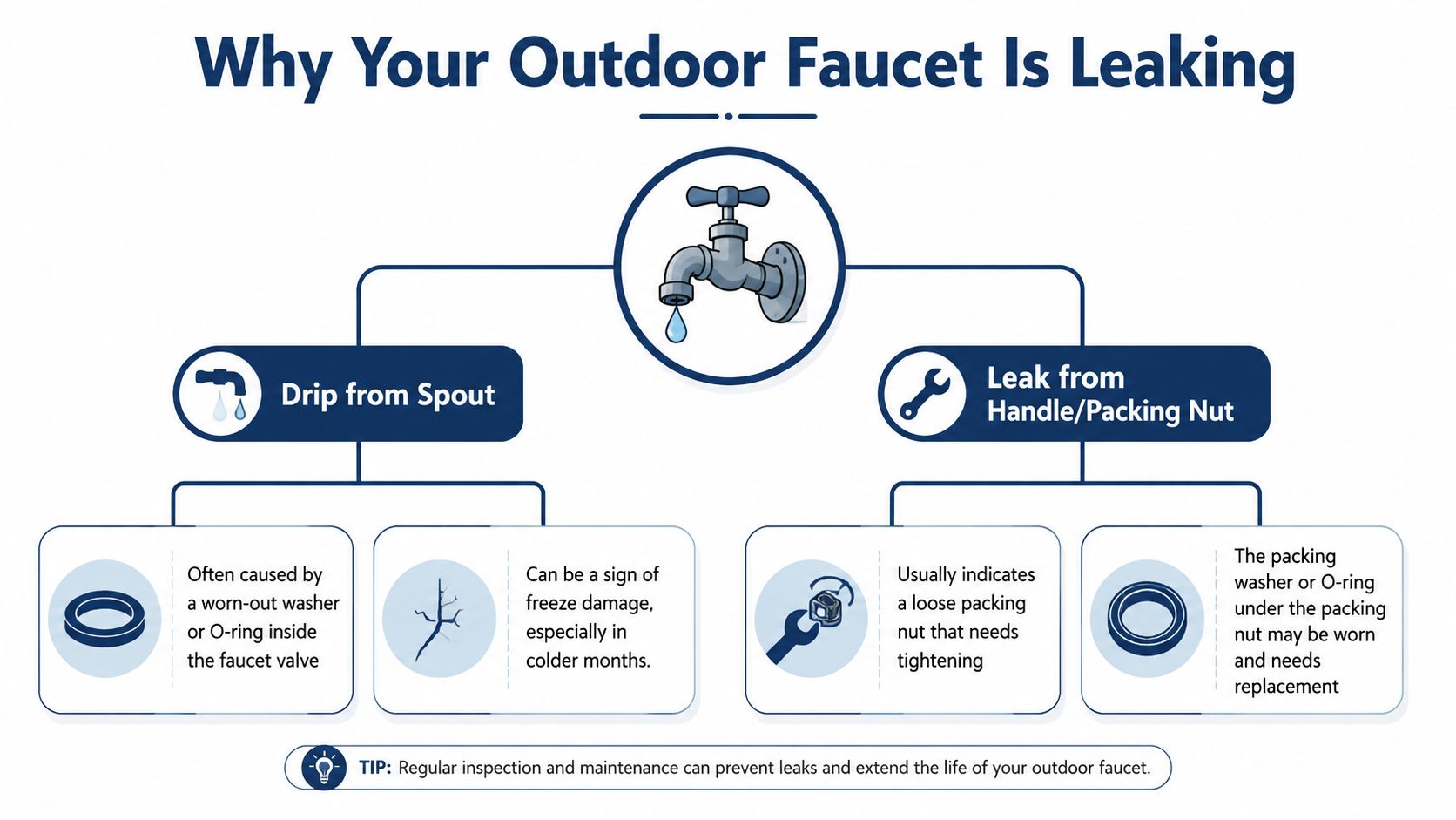 A flowchart explaining common causes of outdoor faucet leaks, including worn washers, freeze damage, and loose packing nuts.