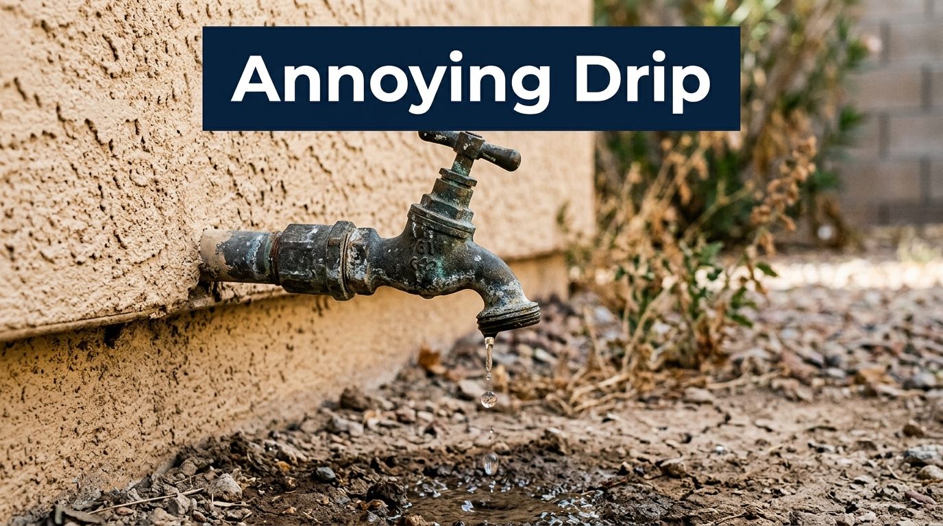 A close-up view of an old, rusted outdoor water faucet dripping onto dry, cracked ground.