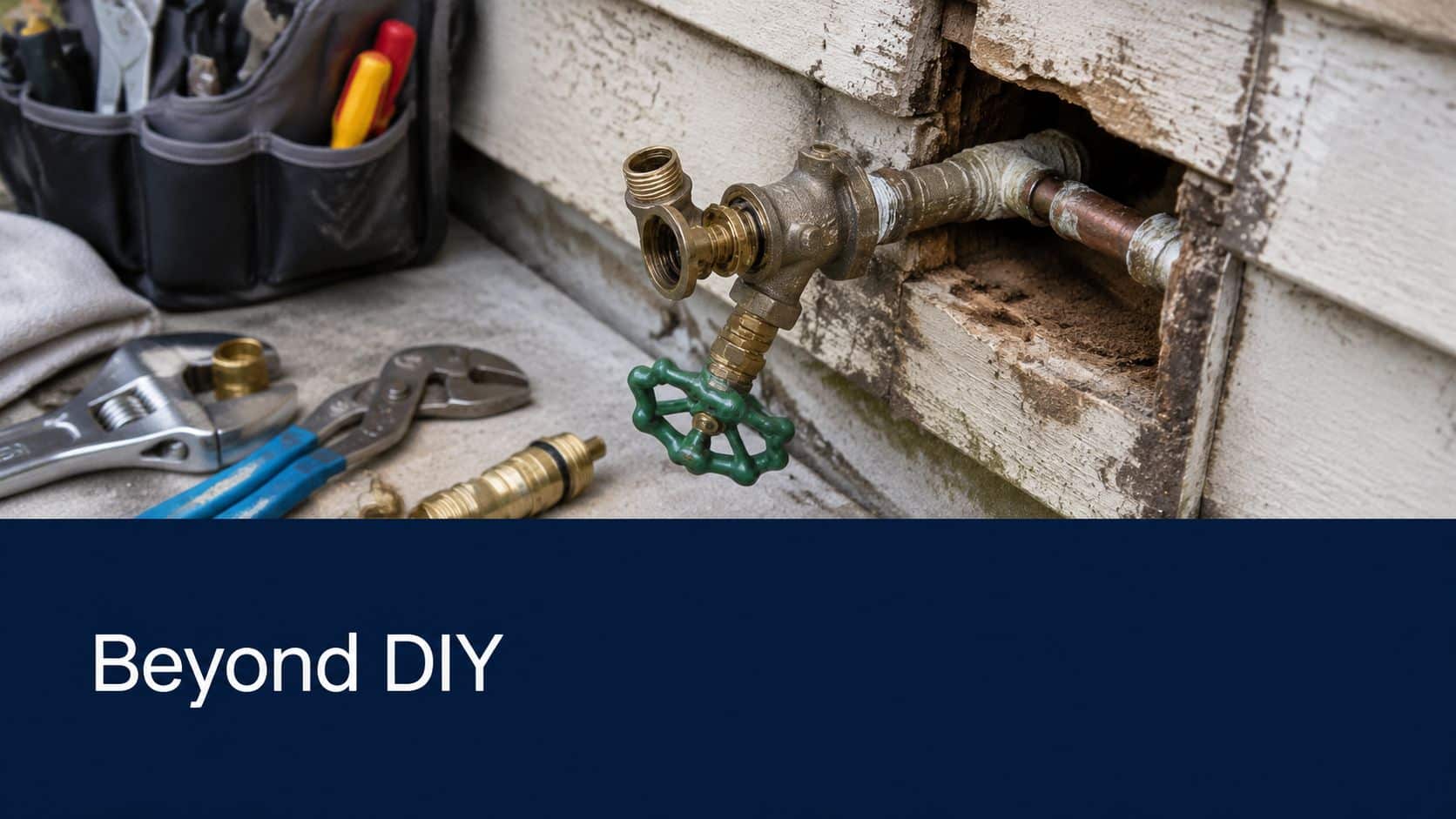 Plumbing tools and a dismantled outdoor faucet assembly laid on a concrete surface near a house siding.