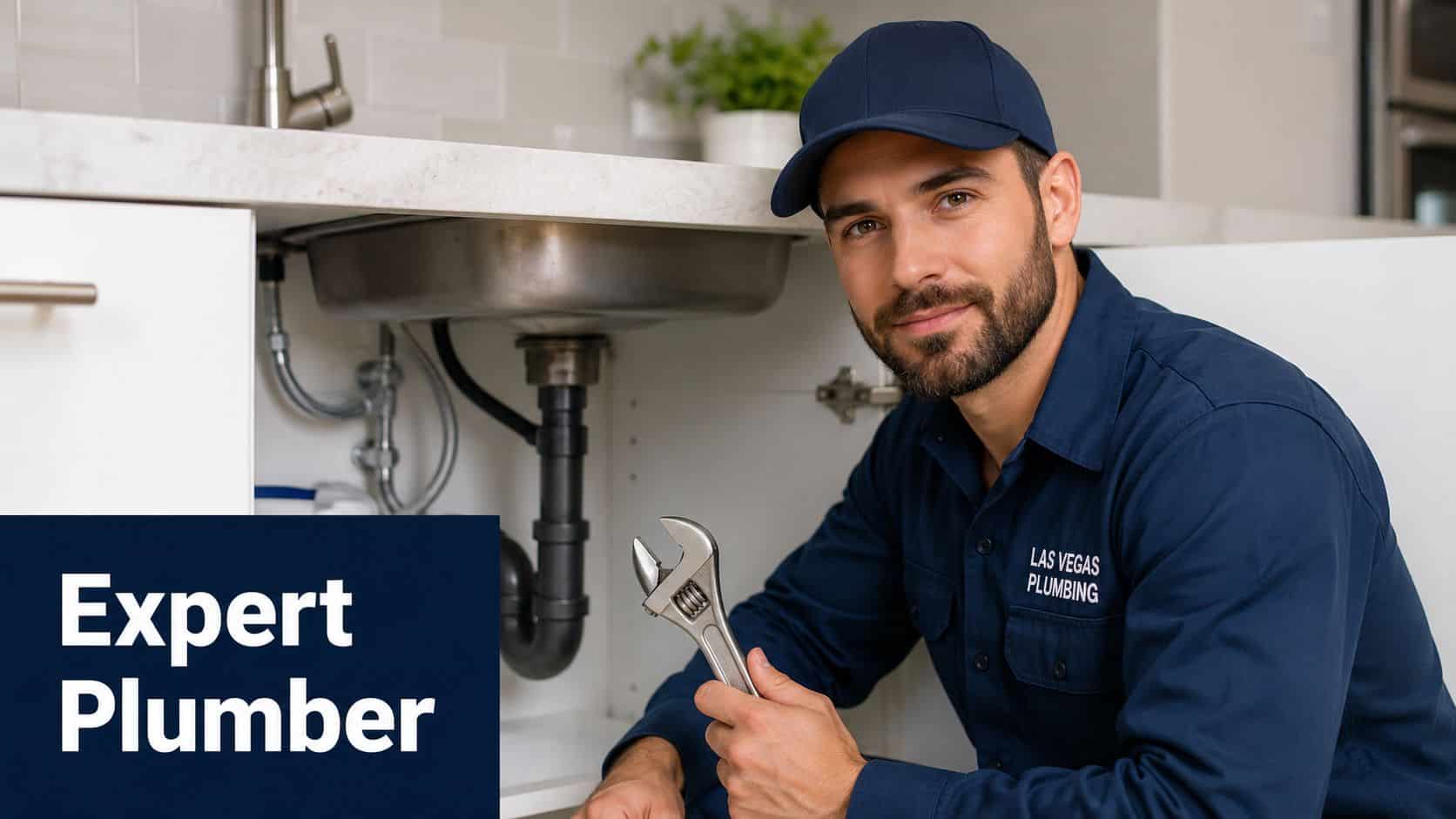 A professional plumber from Las Vegas Plumbing holding an adjustable wrench while working under a kitchen sink.