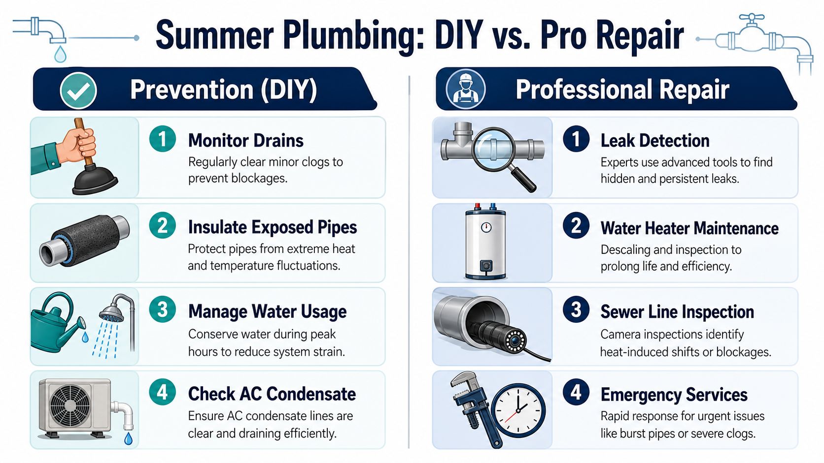 An infographic comparing DIY prevention methods and professional repair services for summer home plumbing maintenance tasks.