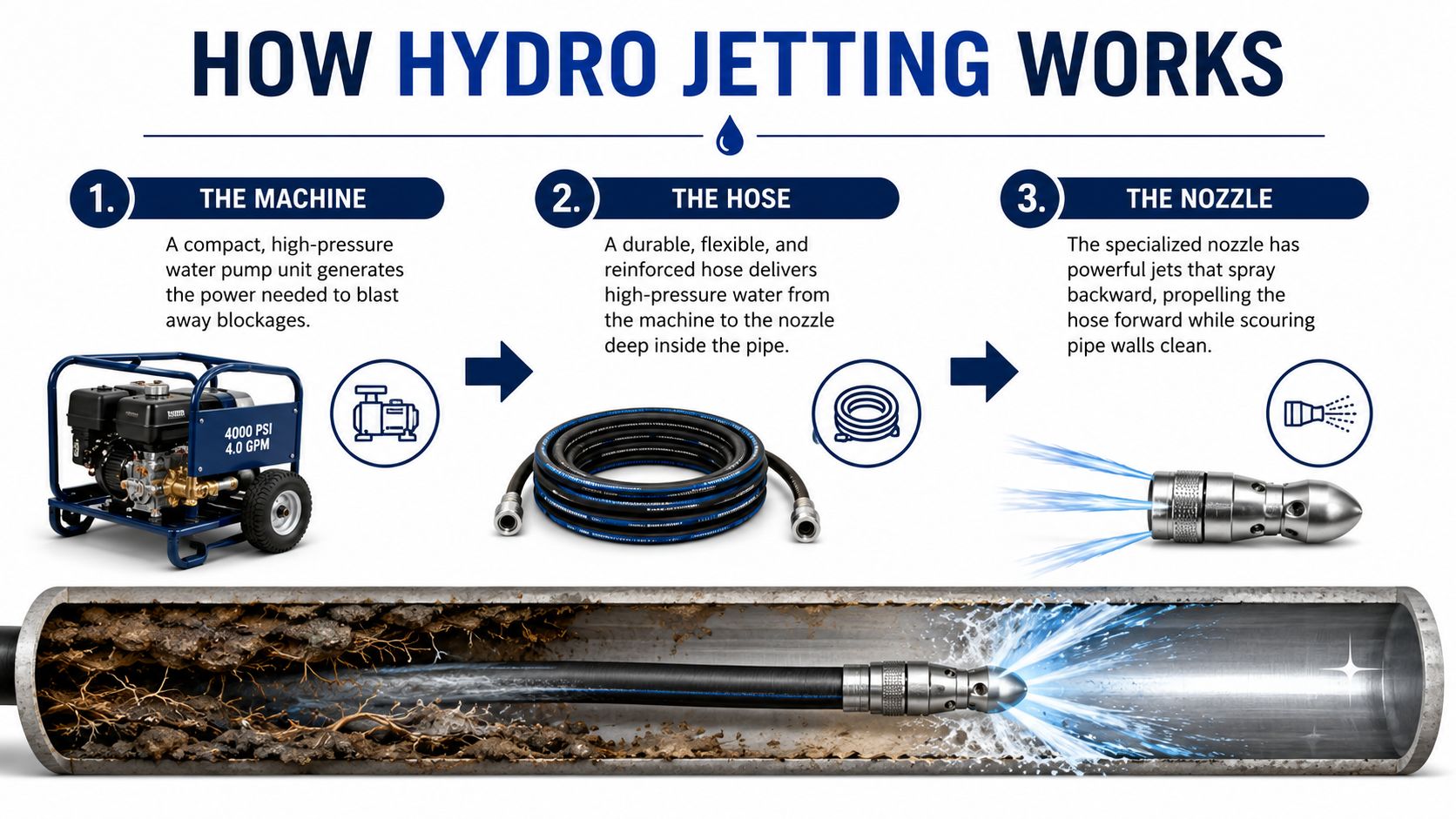 A diagram illustrating how hydro jetting works, showing the machine, hose, and nozzle inside a pipe.