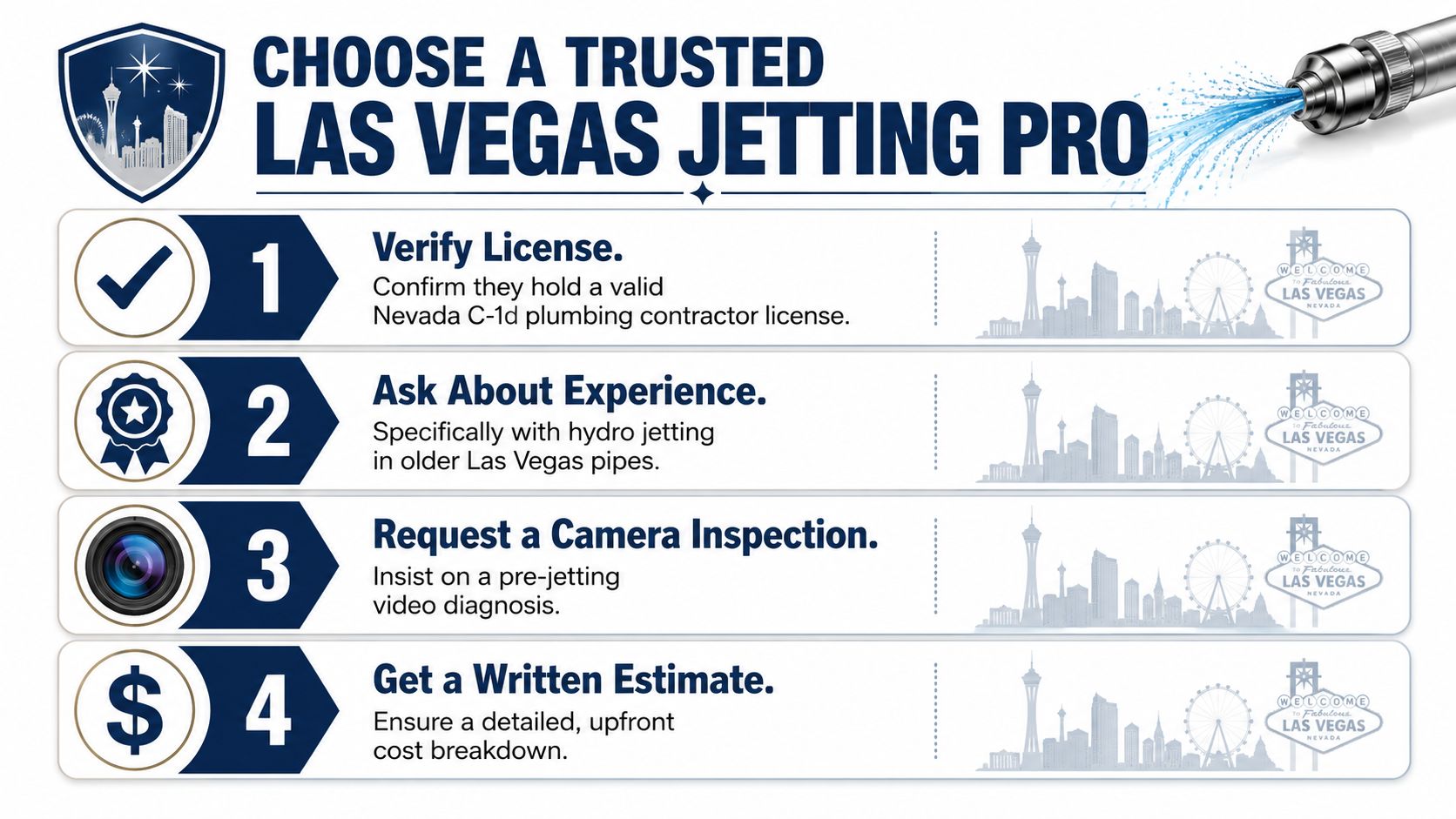 An infographic titled Choose a Trusted Las Vegas Jetting Pro, listing four essential tips for hiring a plumber.