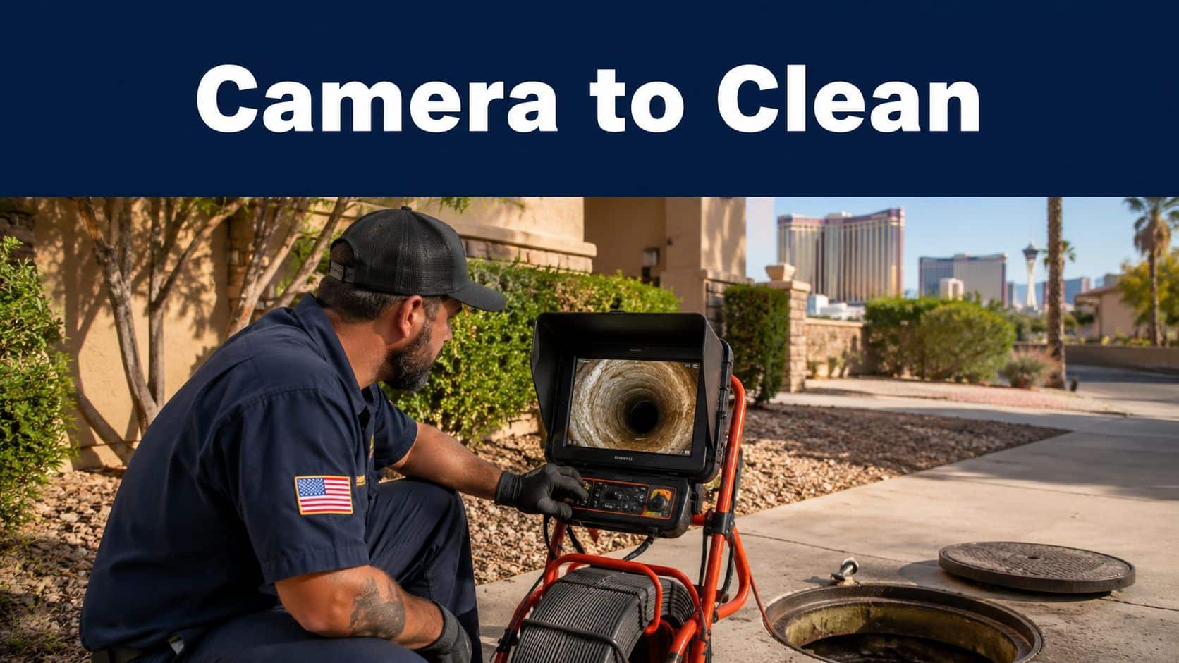 A technician using a sewer camera system for drain inspection with a Las Vegas skyline in background.
