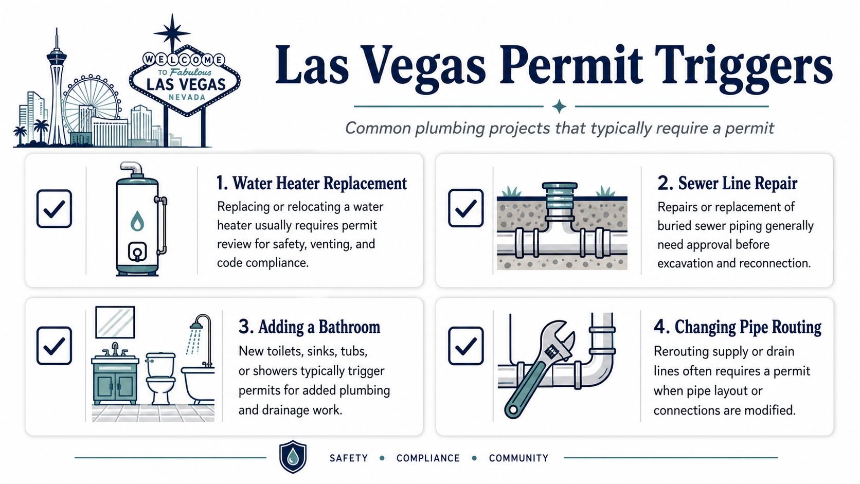 An infographic listing four common plumbing projects in Las Vegas that typically require a building permit.