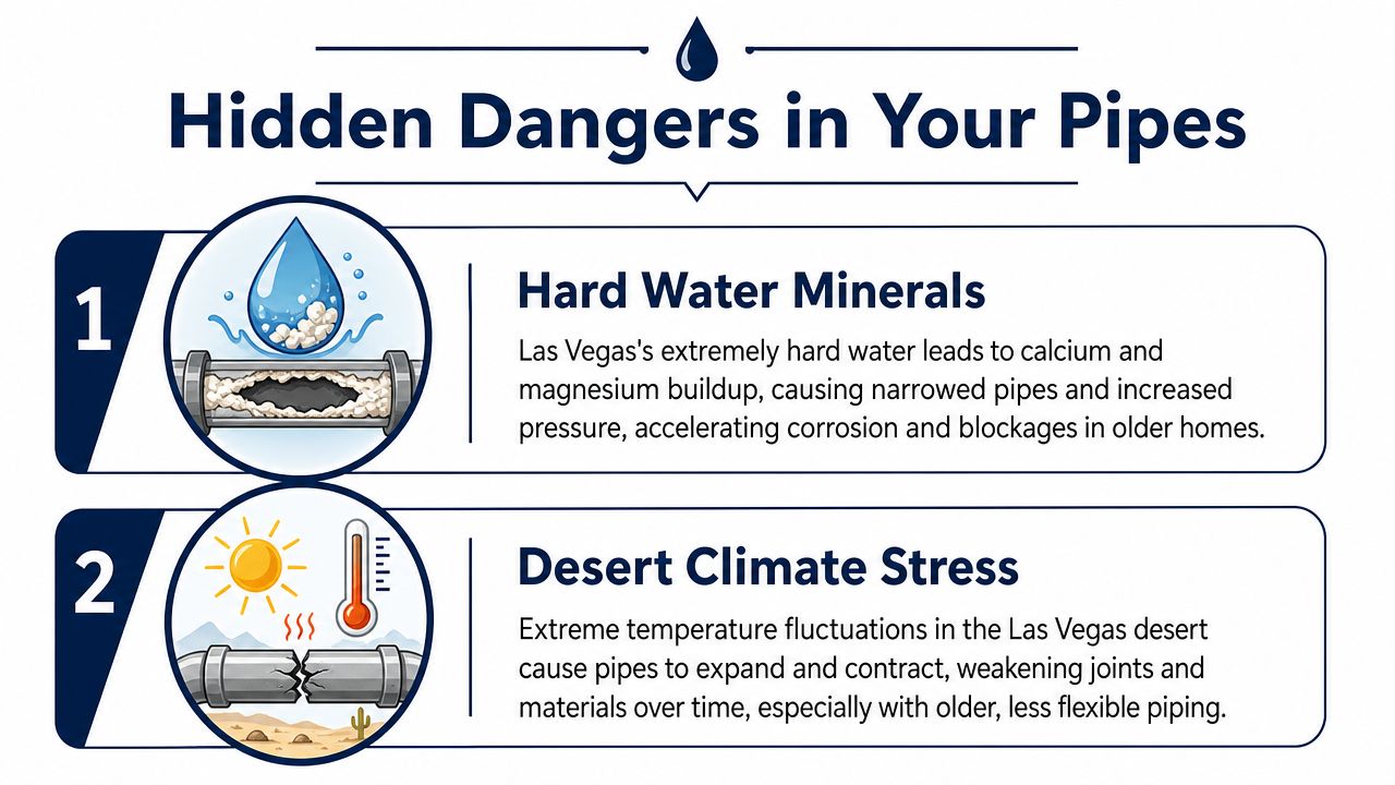 An infographic detailing two common plumbing issues in Las Vegas: hard water mineral buildup and desert climate stress.