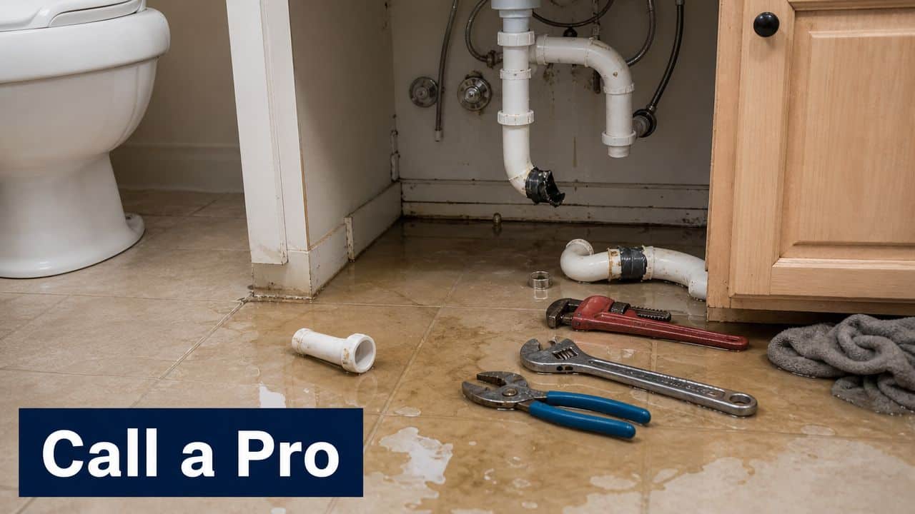 A bathroom vanity with disconnected plumbing pipes, tools on the wet floor, and water damage.