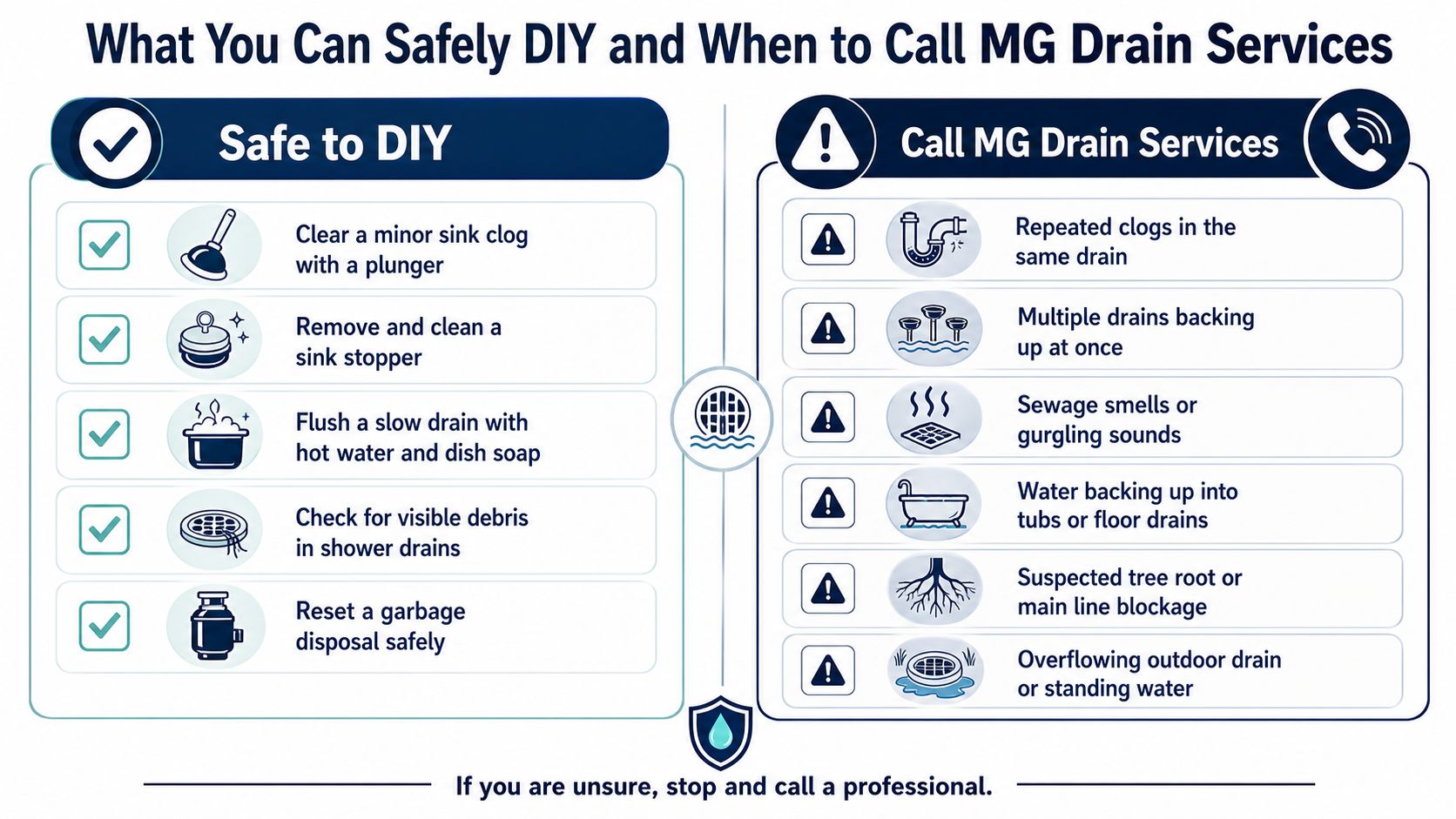 An infographic showing tasks that are safe to DIY versus when to call professional drain services.
