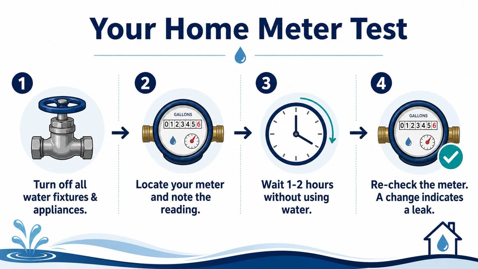 A step-by-step infographic illustrating how to perform a home water meter test to detect hidden leaks.