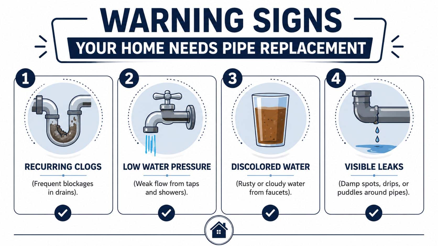 An infographic illustrating four warning signs that your home needs professional pipe replacement and plumbing repair services.