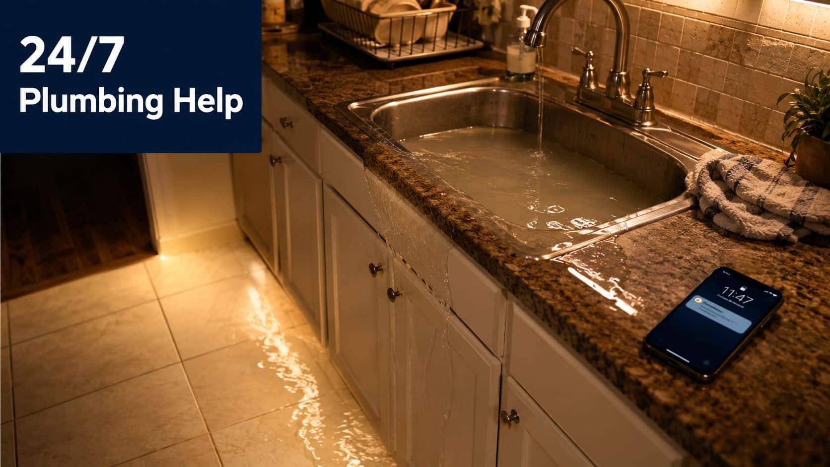 A overflowing kitchen sink flooding onto the floor with a 24/7 plumbing help message displayed.