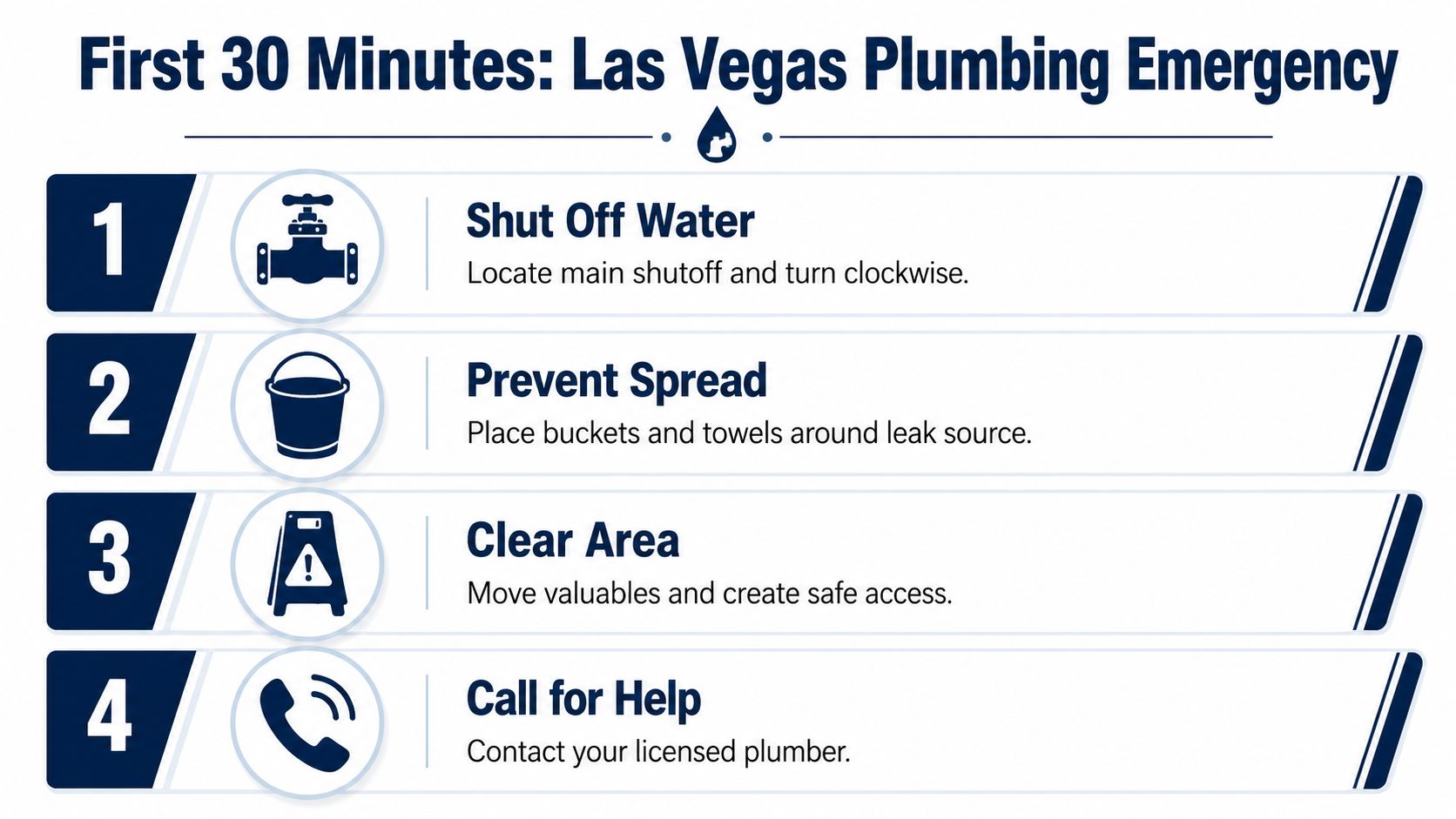 A four-step infographic for handling a plumbing emergency including shutting off water and calling a professional.