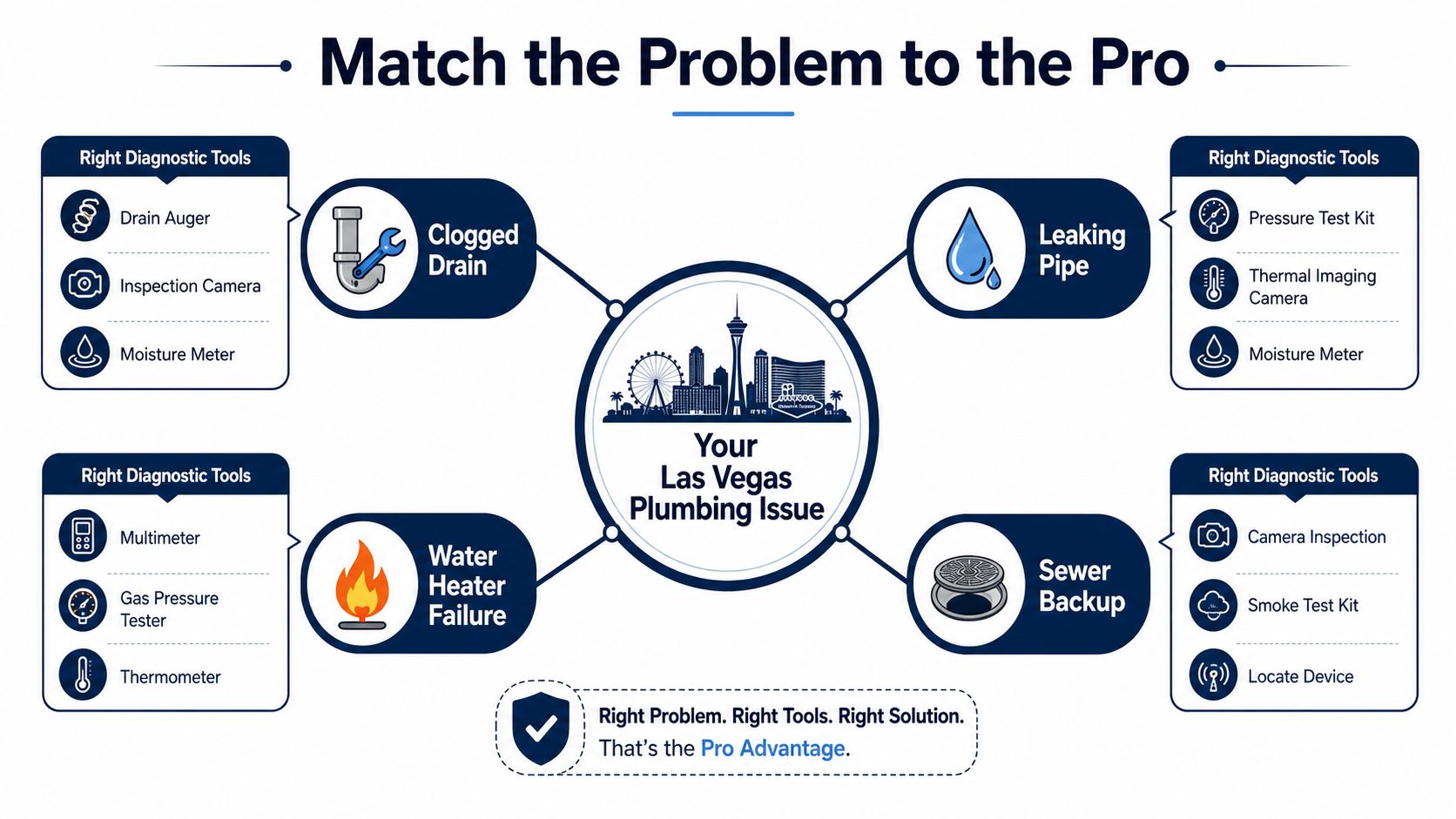 A diagram illustrating plumbing problems and the specialized diagnostic tools used by professionals in Las Vegas.