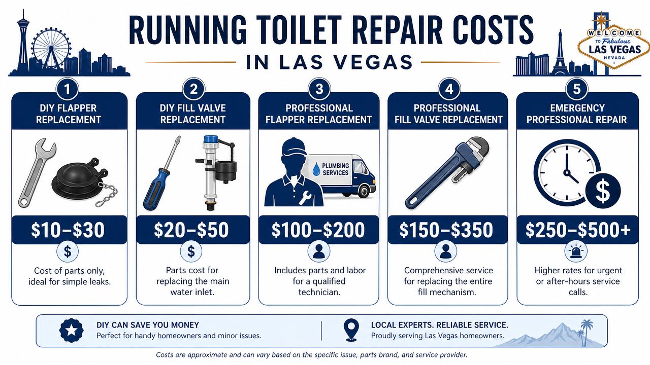 An infographic detailing the estimated costs for repairing a running toilet in Las Vegas, Nevada.