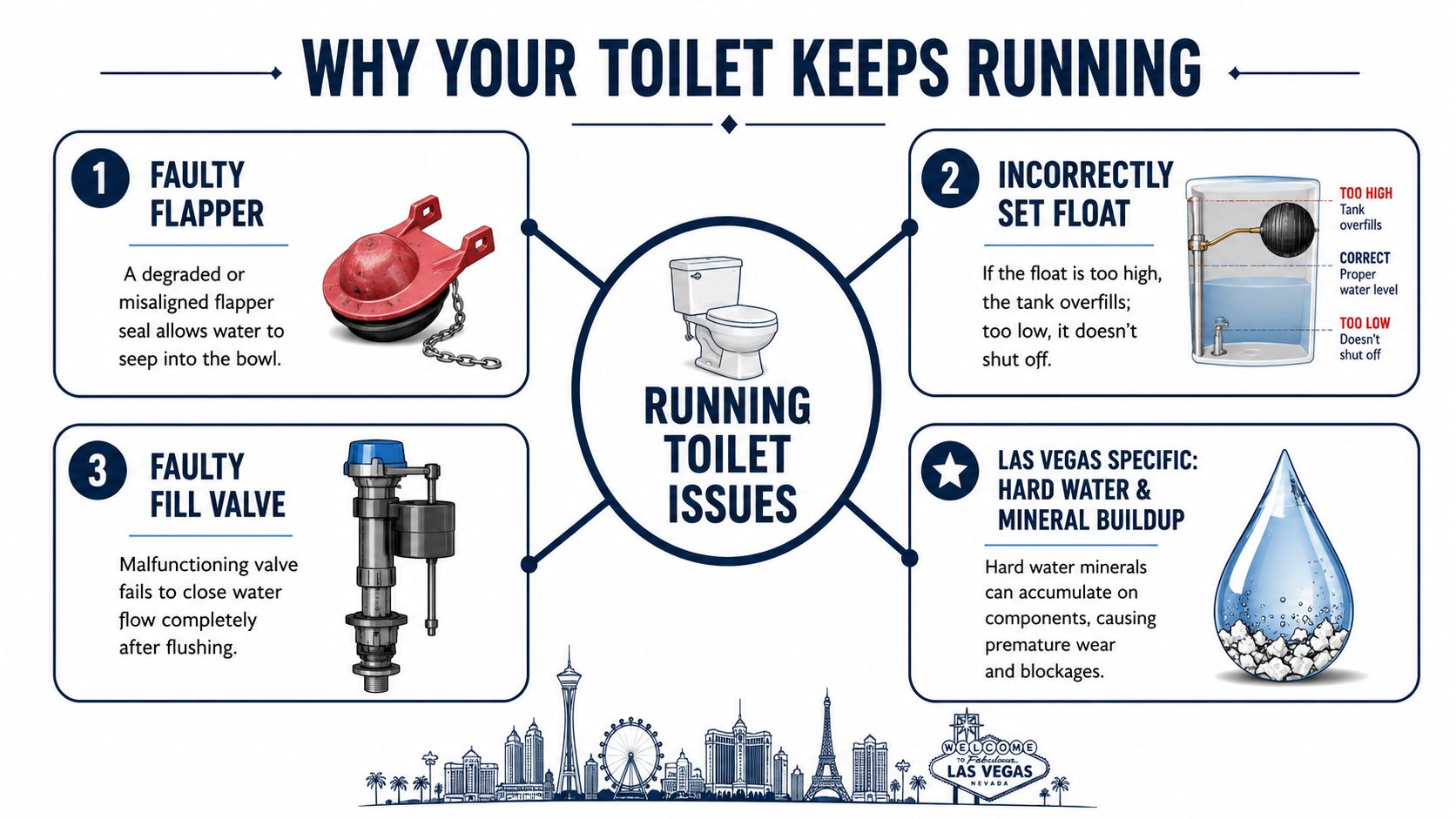 An infographic detailing four common causes for a running toilet, including faulty parts and hard water issues.
