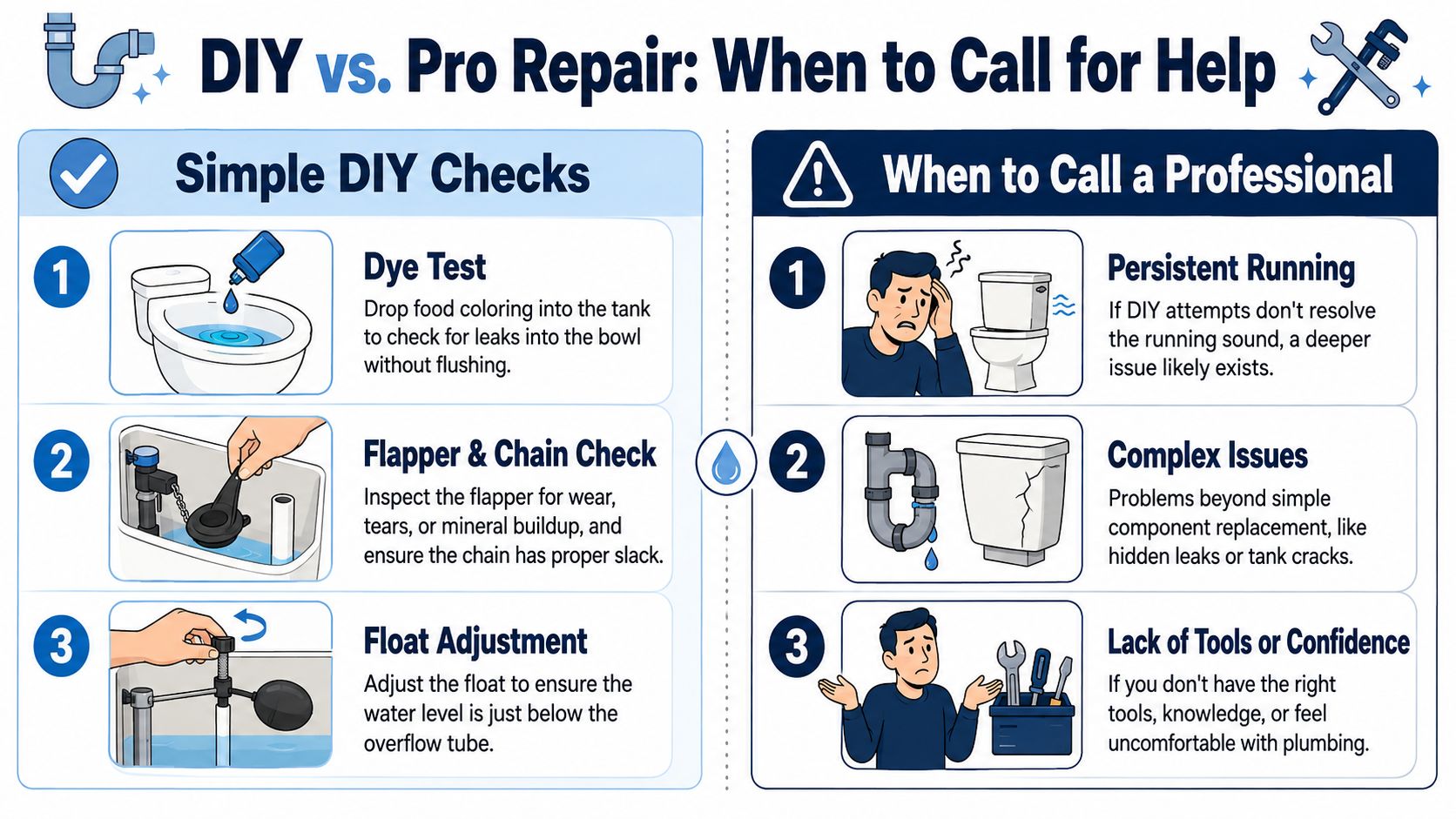 An infographic showing DIY checks for toilet repairs versus when to call a professional plumber.
