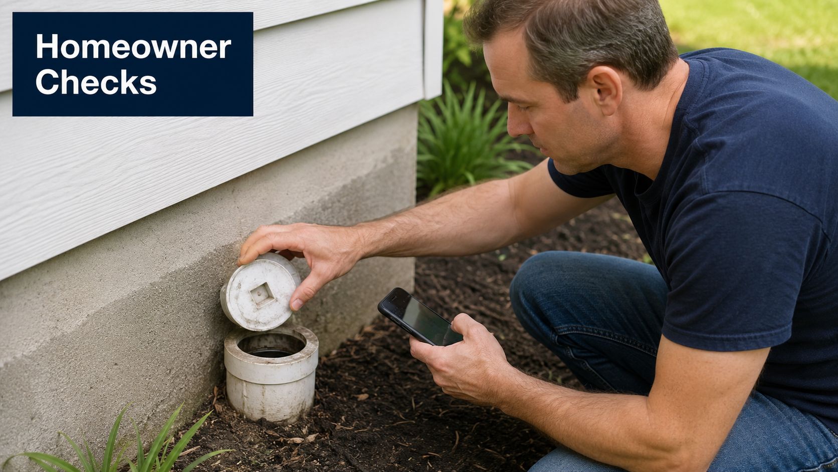 A homeowner checks their property sewer line access point while holding a smartphone for documentation.