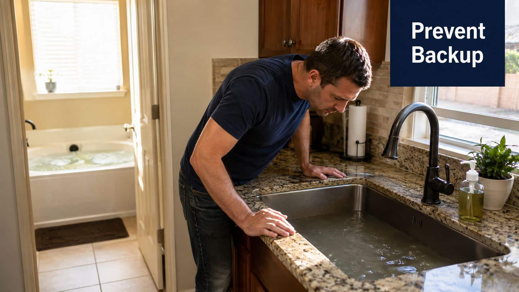 A concerned man leaning over a kitchen sink filled with dark, murky, backed-up water in his home.