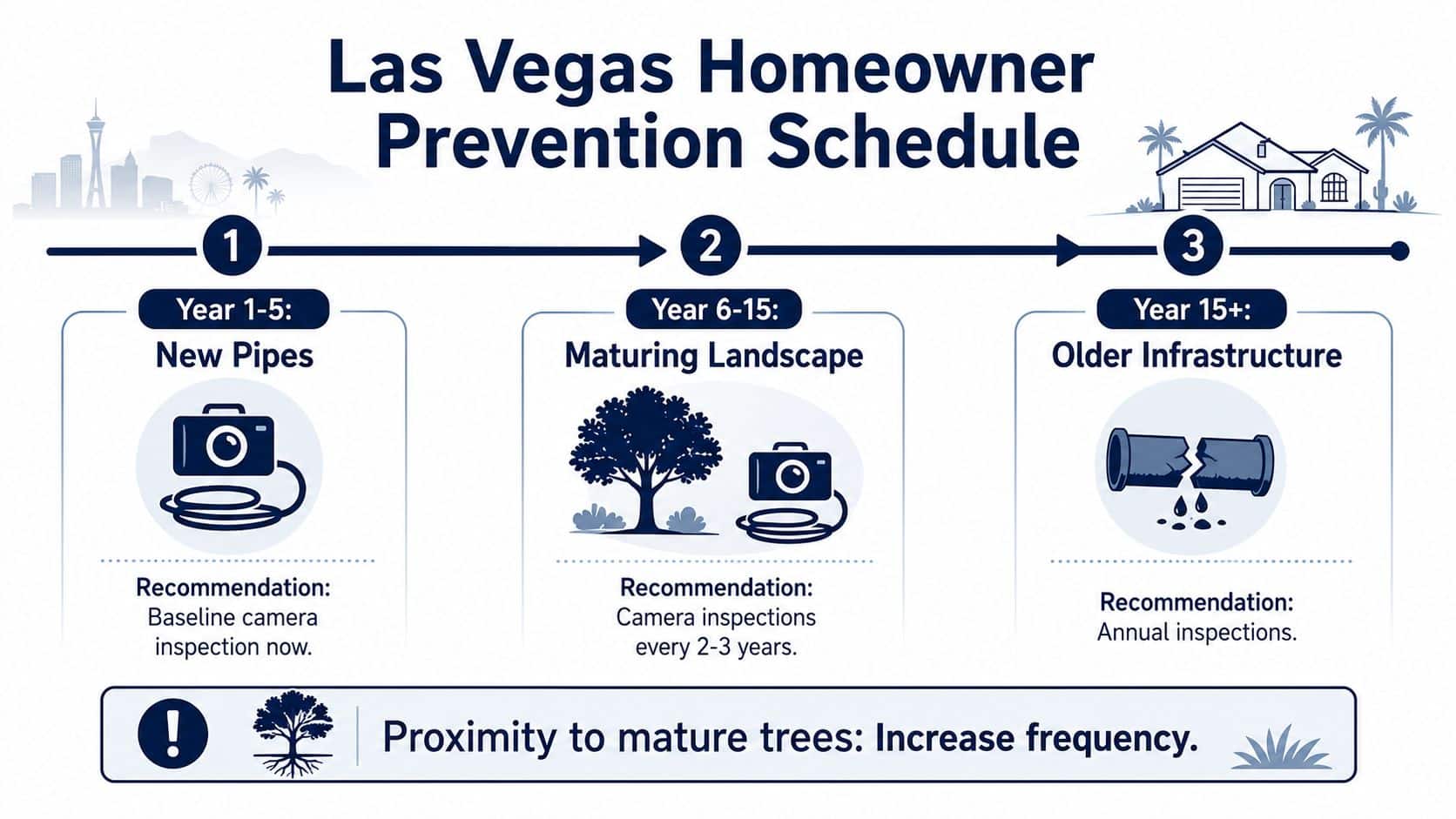An infographic titled Las Vegas Homeowner Prevention Schedule showing sewer pipe inspection timelines for different home ages.