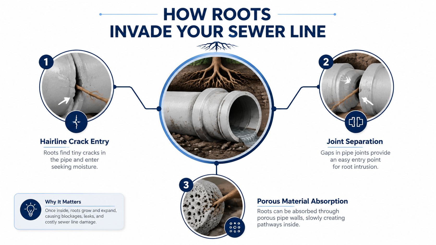 An educational infographic illustrating three common ways tree roots penetrate and damage residential sewer line pipes.