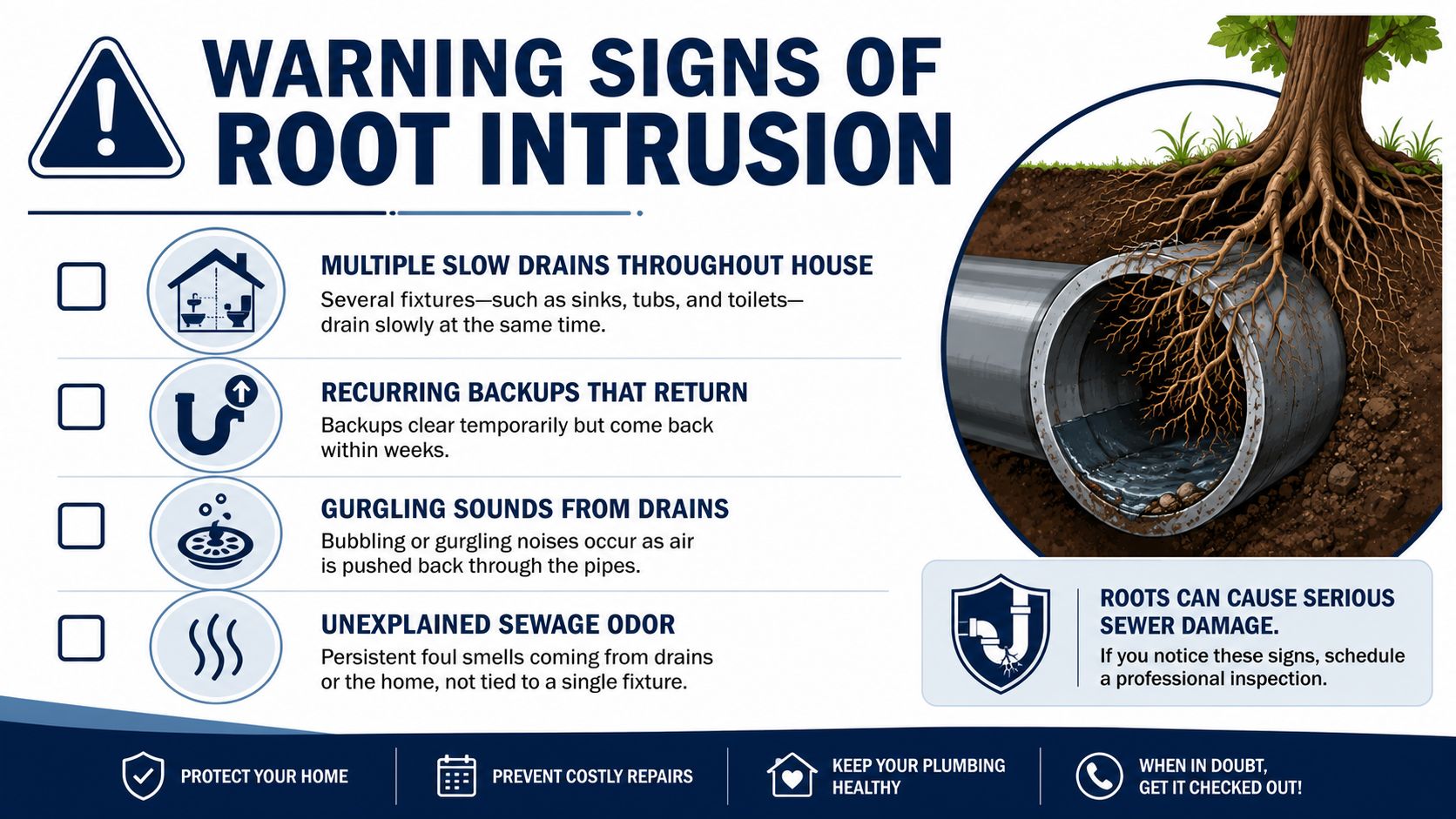 An infographic showing warning signs of tree root intrusion in sewer pipes, including slow drains and sewage odors.