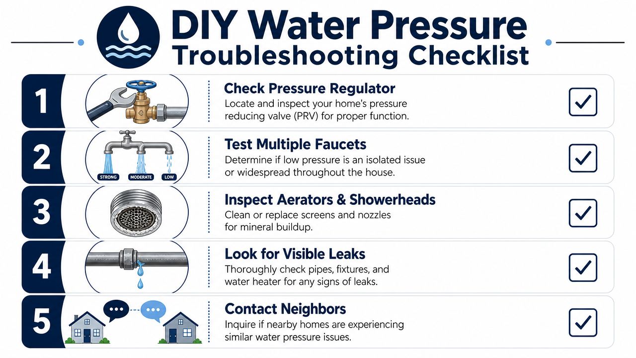 A DIY water pressure troubleshooting checklist illustrating five steps to identify and fix low water pressure issues.