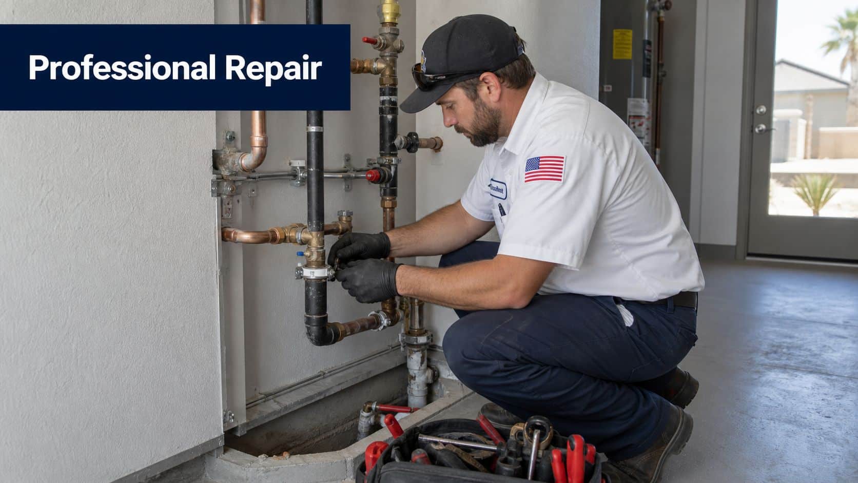 A professional plumber in a uniform kneeling and repairing copper and steel pipes in a garage.