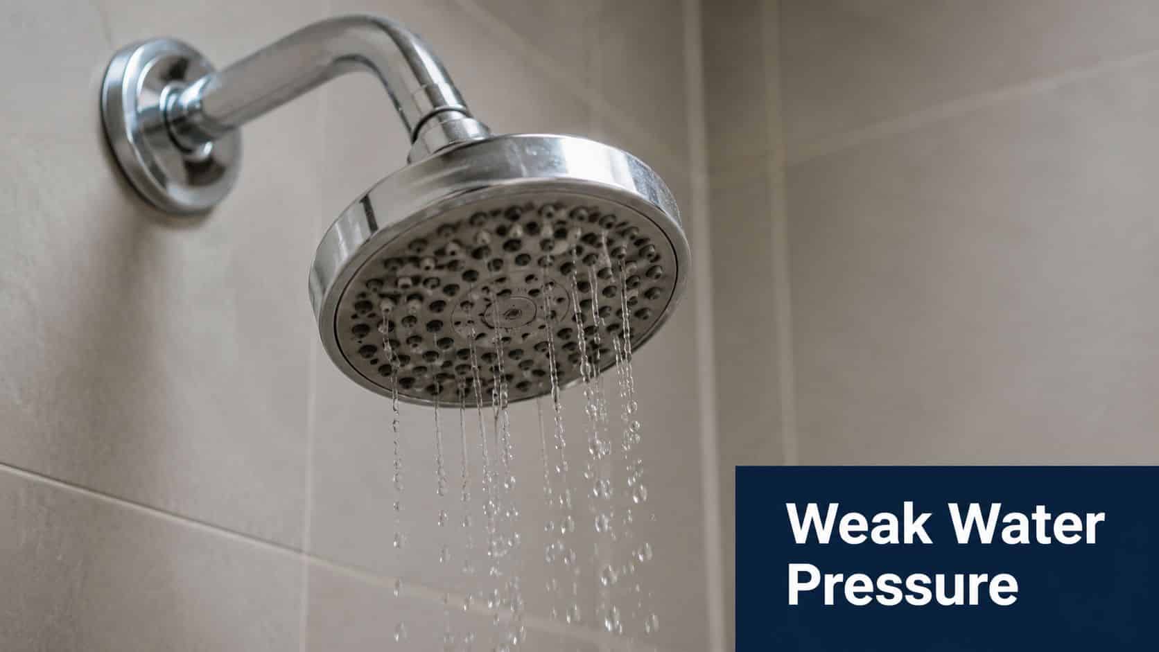 A chrome shower head spraying a thin, low-flow stream of water against beige tiled shower walls.