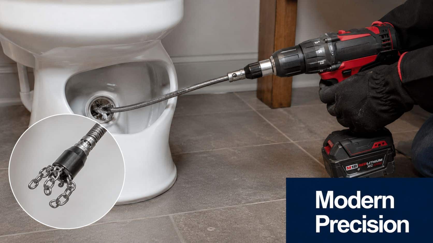 A plumber uses a drill-powered flex-shaft cleaning tool with a chain head to clean a toilet drain.