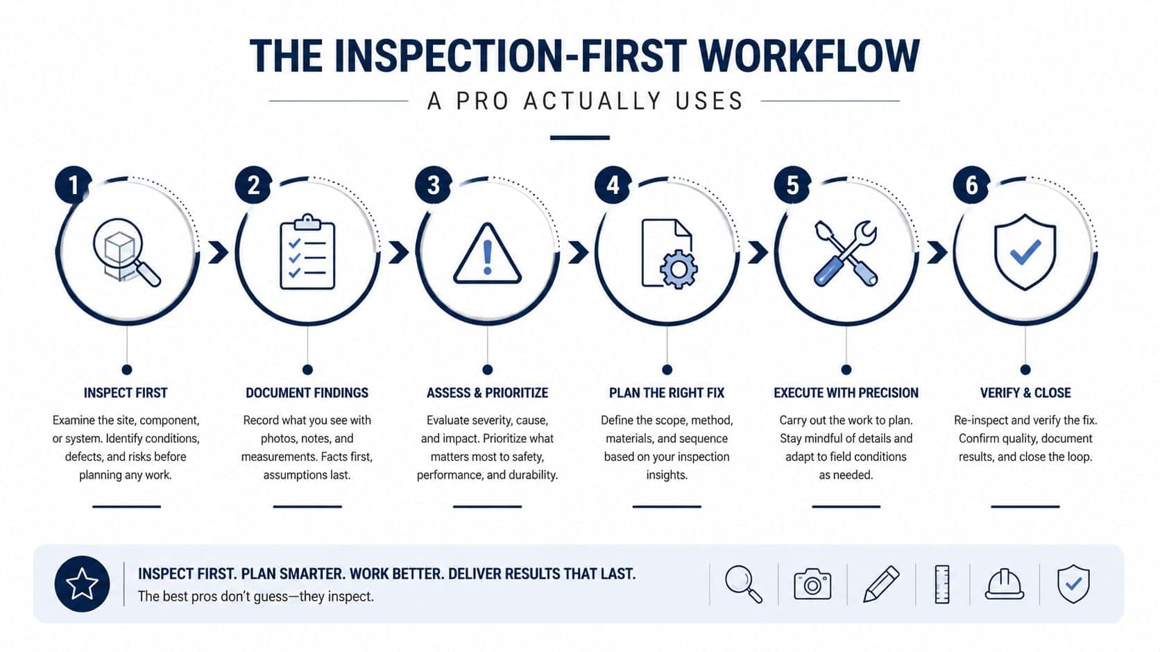 A six-step infographic detailing the Inspection-First Workflow process for professional maintenance, repairs, or inspections.