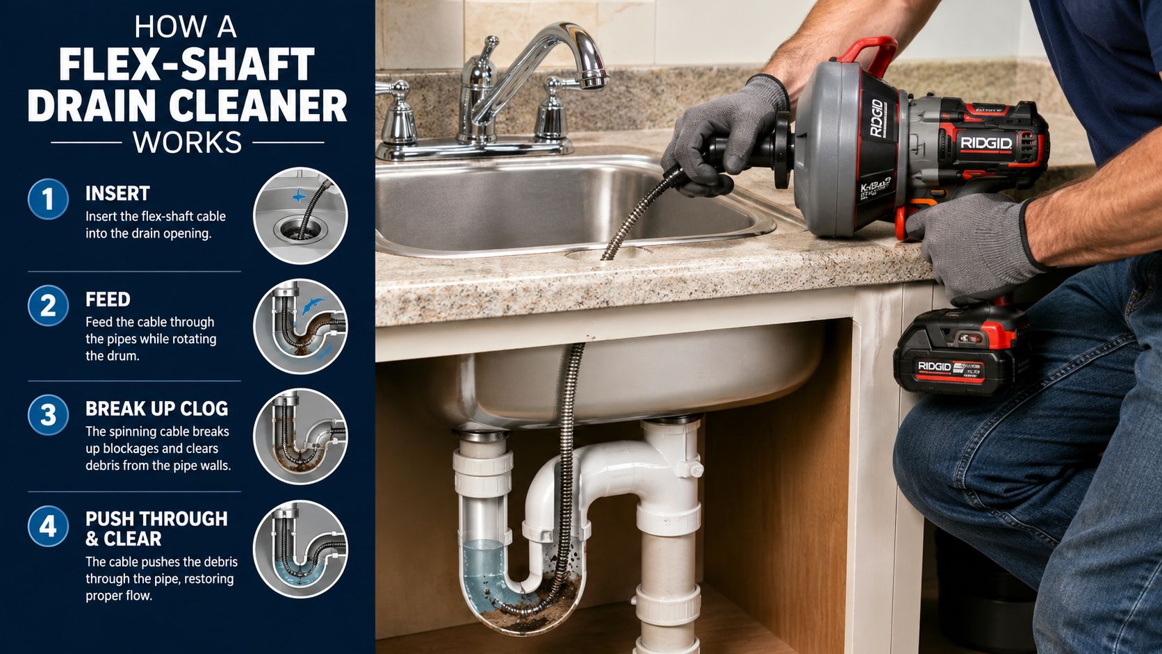 A professional plumber using a RIDGID flex-shaft drain cleaner tool to clear a clogged kitchen sink drain.