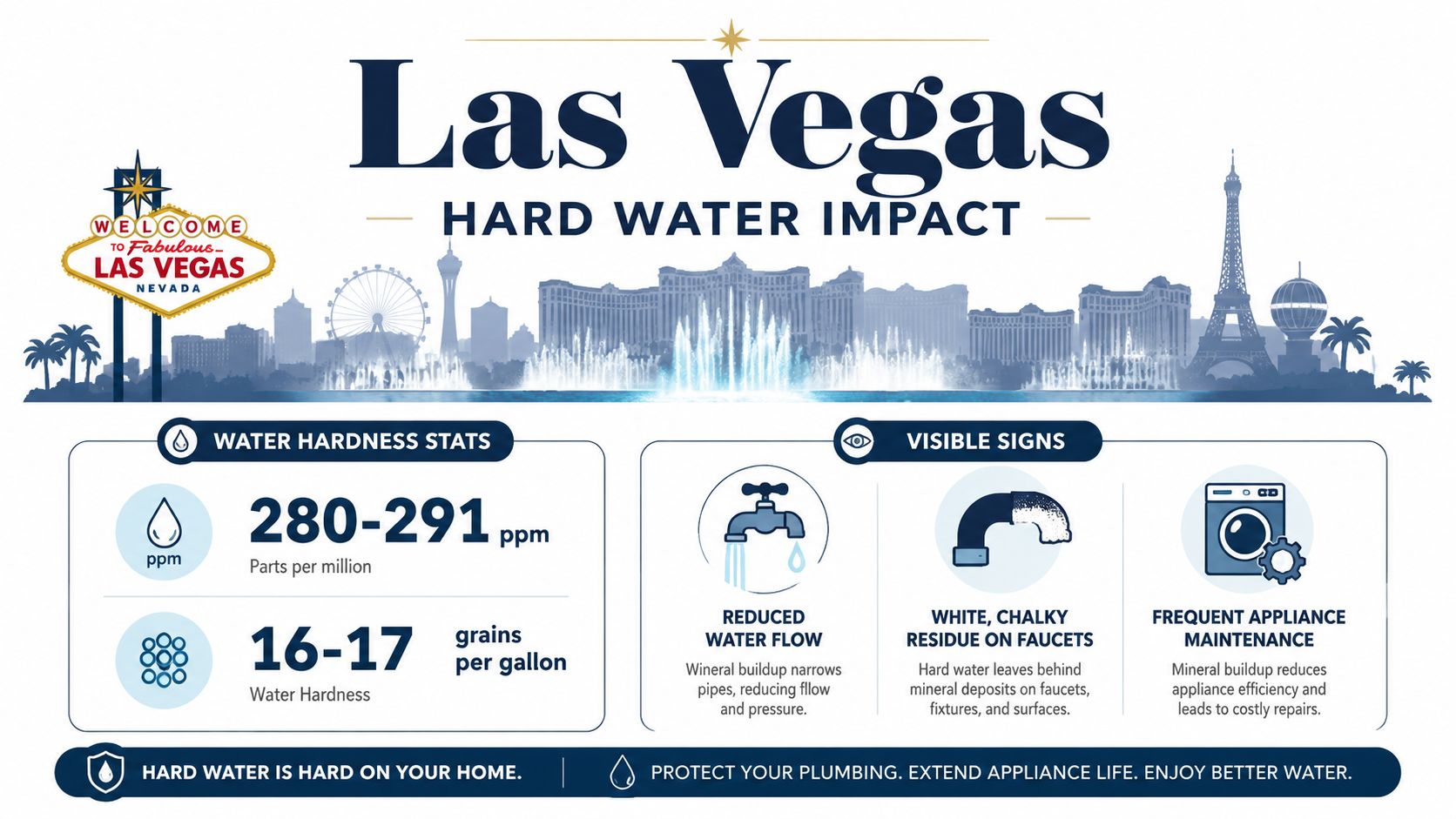 An infographic detailing the impact of hard water in Las Vegas with statistics and common visible signs.