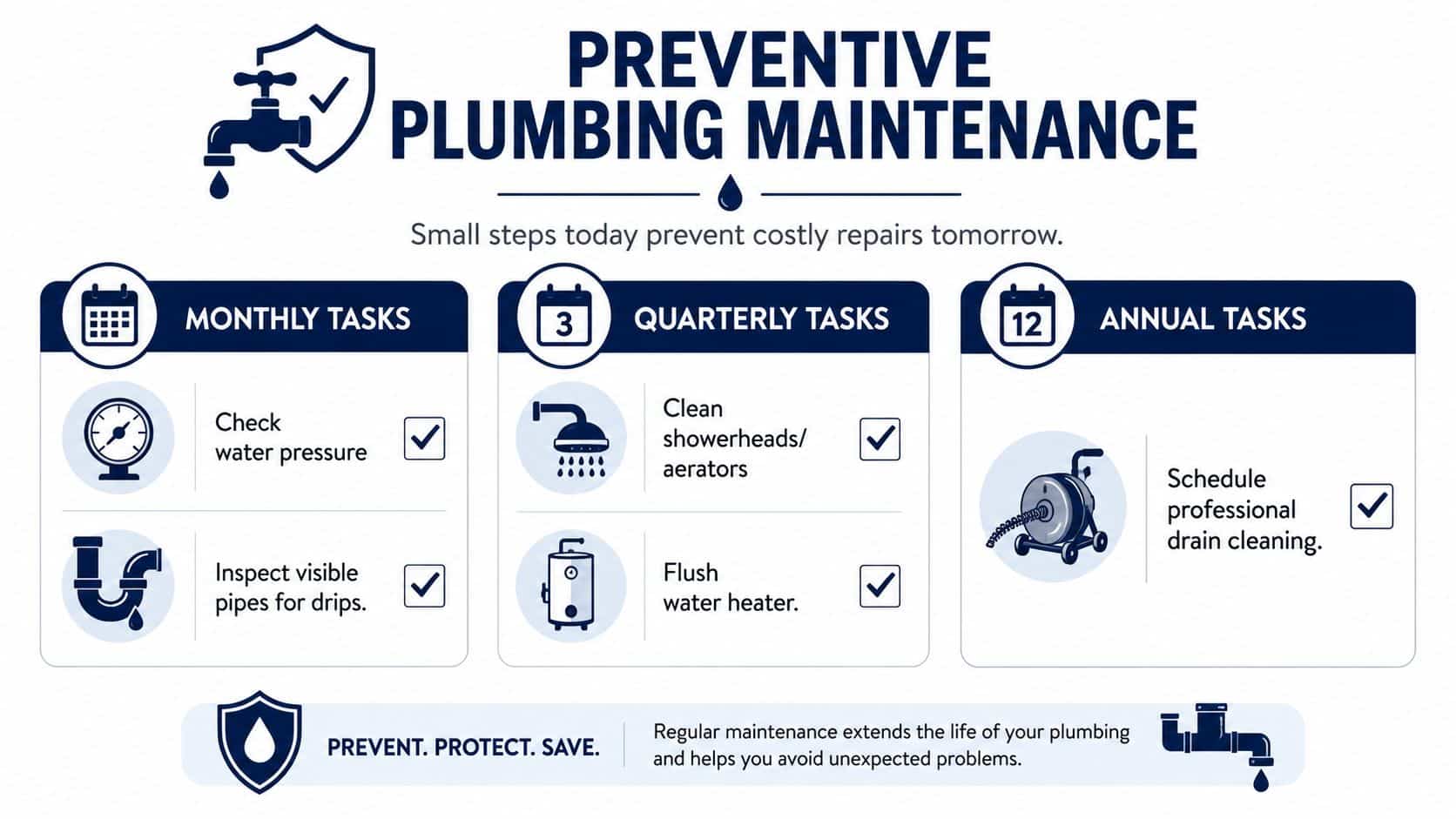 An infographic detailing preventive plumbing maintenance tasks broken down into monthly, quarterly, and annual checklists.