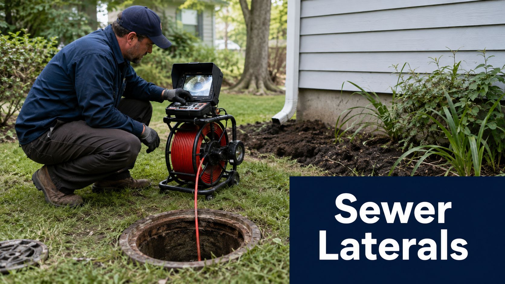 A professional plumber performing a sewer inspection with a camera system in a residential yard.