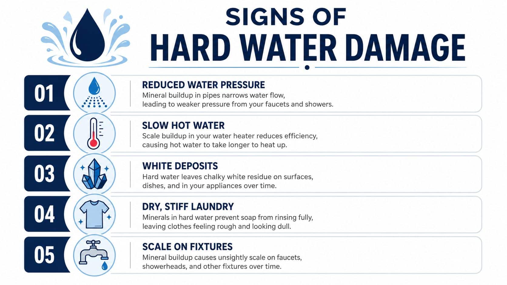 A helpful infographic listing five common signs of hard water damage in a residential home setting.
