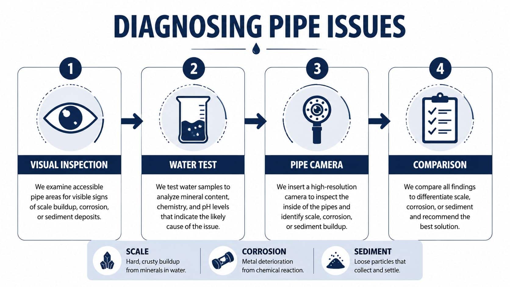 A four-step infographic illustrating the diagnostic process for identifying scale, corrosion, and sediment buildup in water pipes.