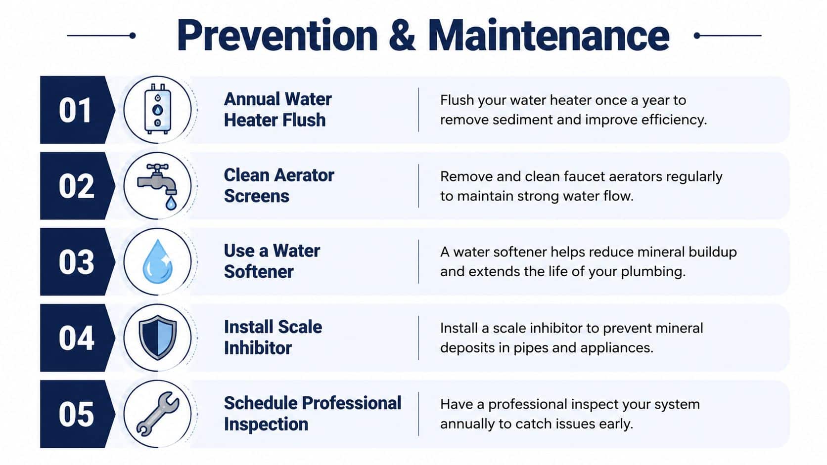 A list of five essential tips for plumbing maintenance to prevent hard water buildup and damage.