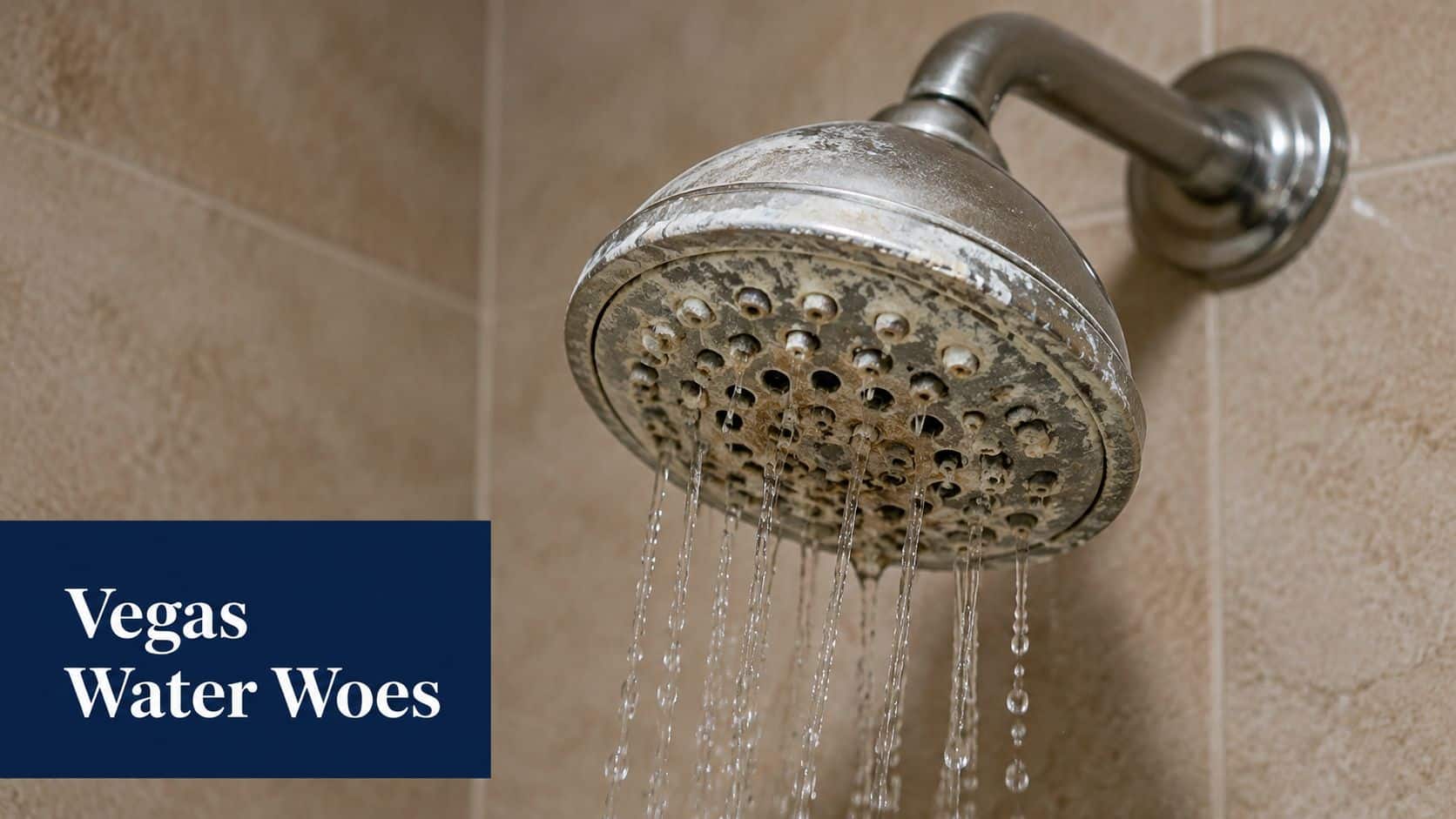 A shower head with significant mineral deposit buildup and scale, highlighting hard water issues in Las Vegas.
