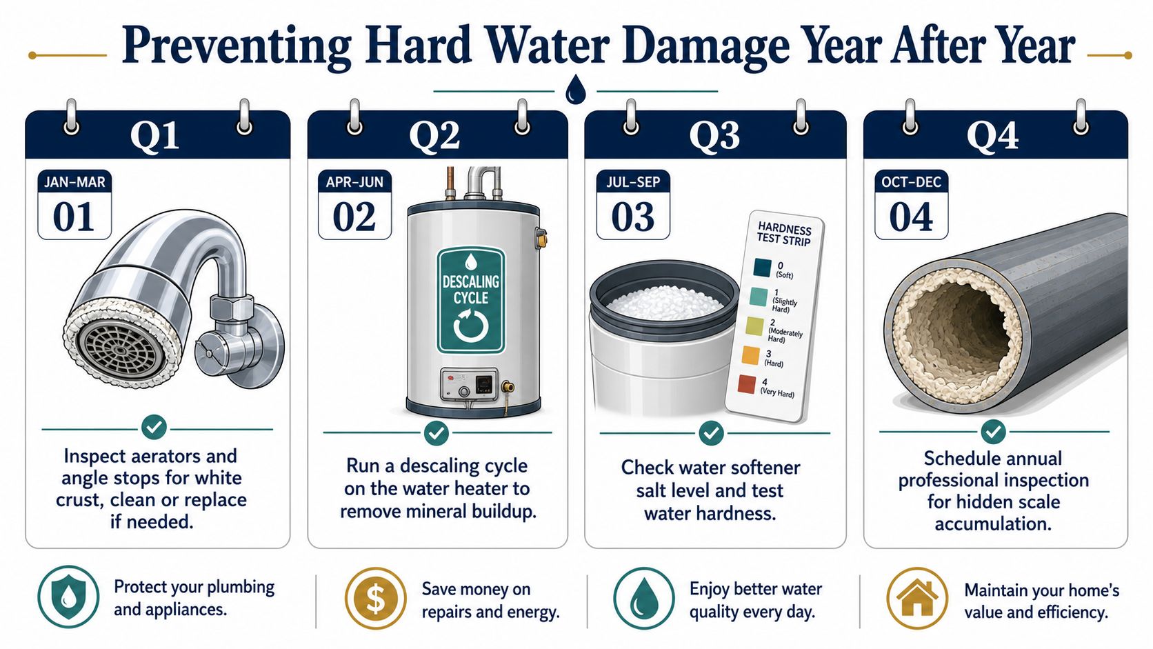 A quarterly maintenance schedule infographic illustrating how to prevent hard water damage to home plumbing systems.