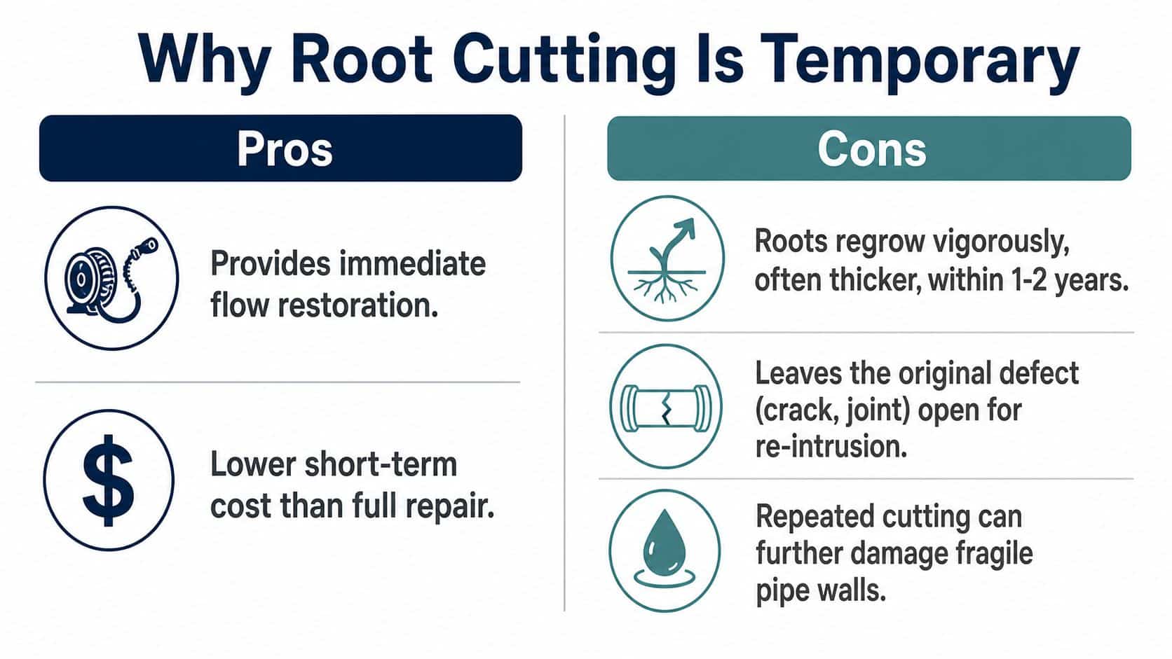A comparison chart showing the pros and cons of tree root cutting for sewer pipe maintenance.