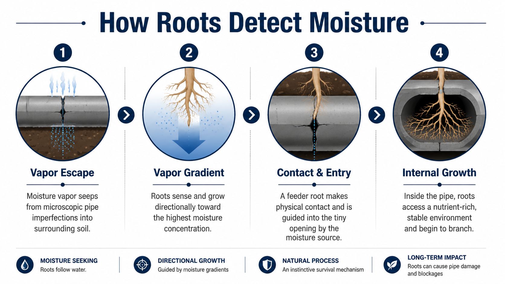 A diagram illustrating how tree roots detect moisture and infiltrate a sewer pipe through small cracks.