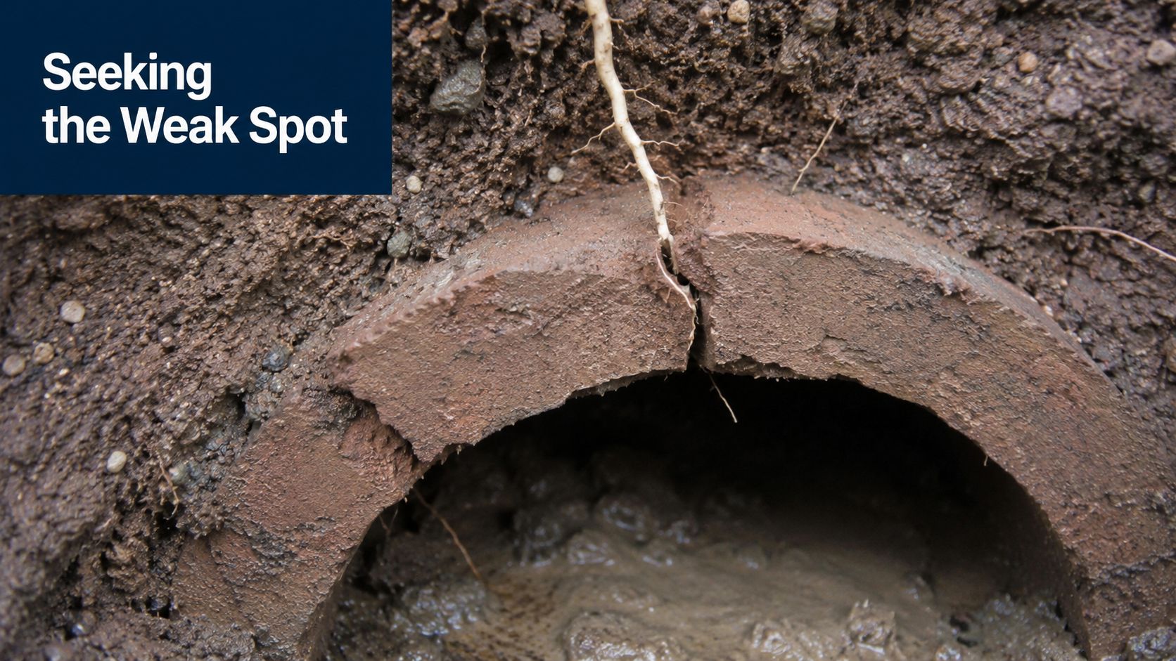 A close-up view of a tree root penetrating through a crack in a clay sewer pipe underground.