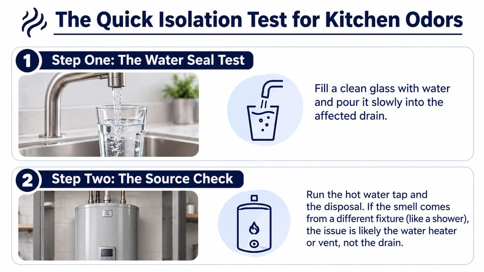 A two-step infographic explaining how to identify the cause of bad odors in kitchen drains.