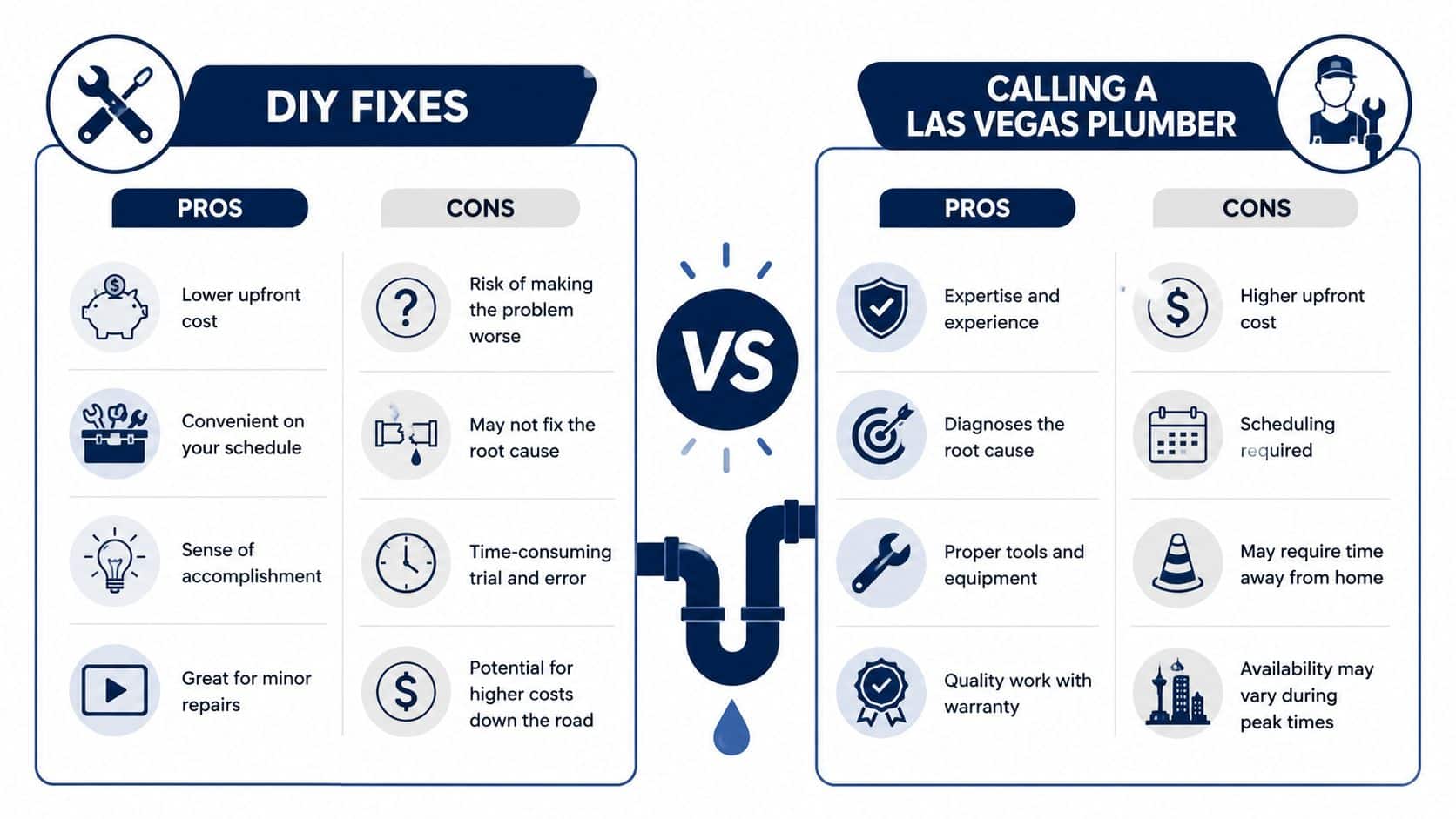 A comparative infographic showing pros and cons of DIY plumbing repairs versus hiring a professional Las Vegas plumber.